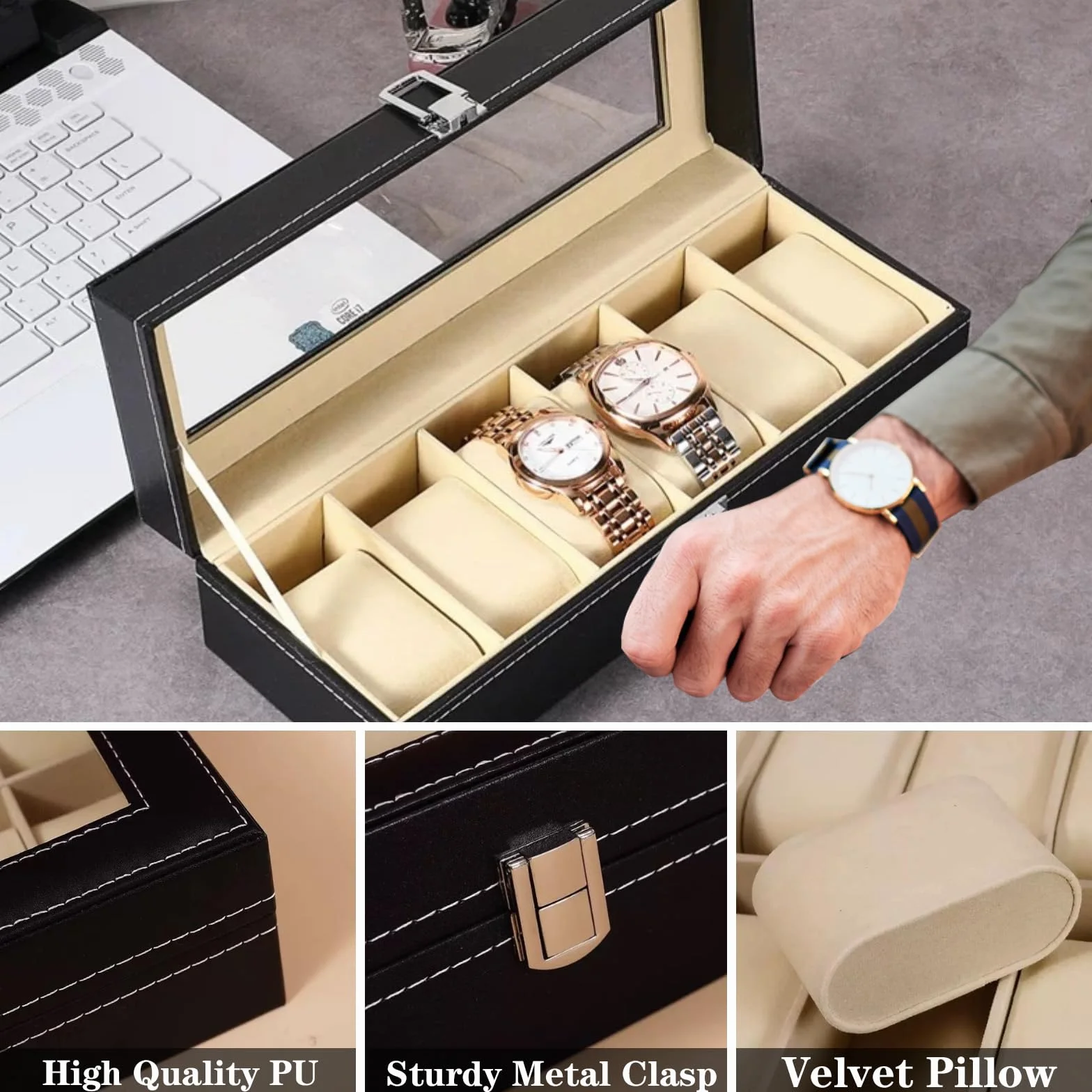 Estuche para Relojes con 6 Compartimentos, Tapa de Cristal, Organizador, Regalo Hombre, Negro