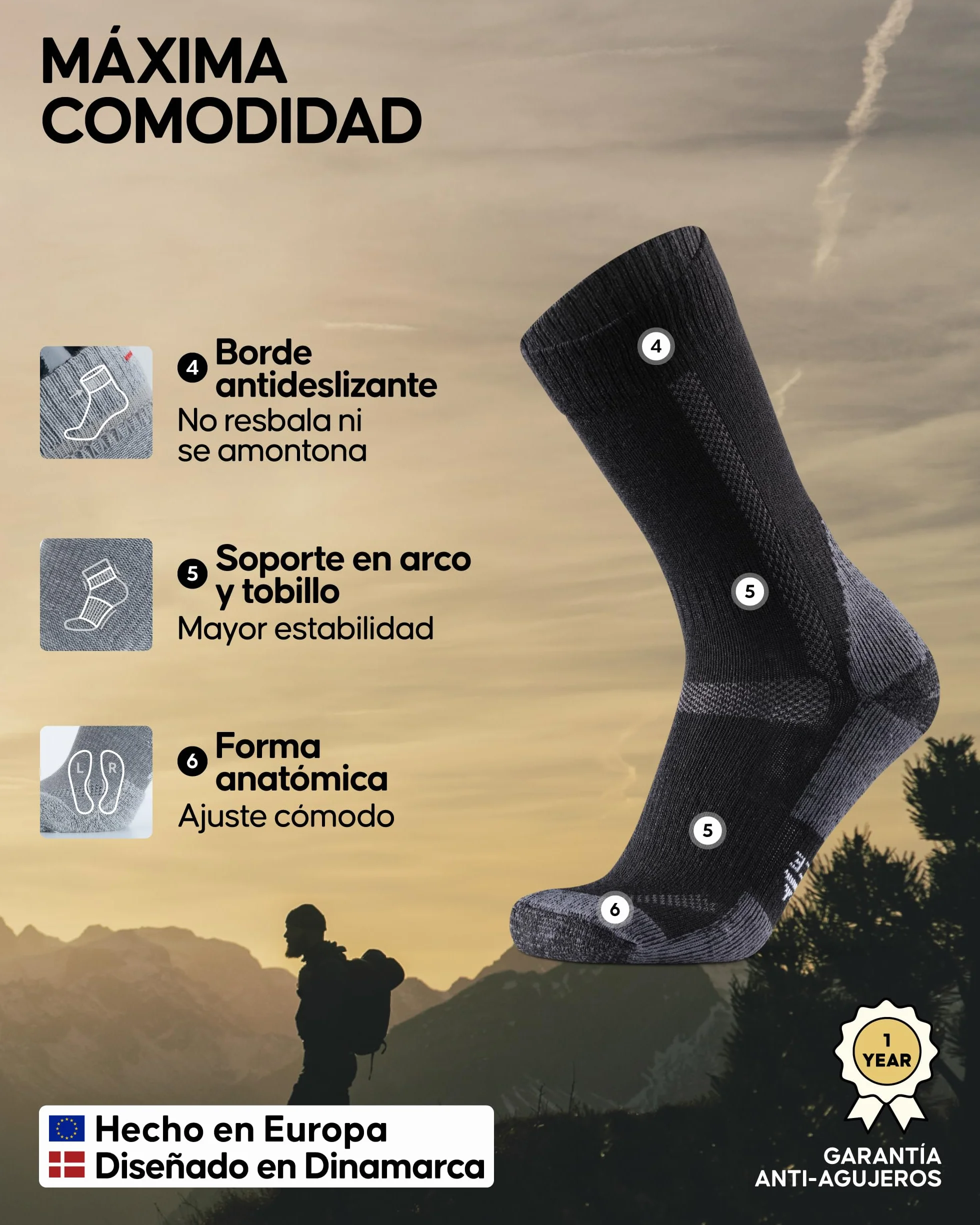 DANISH ENDURANCE Calcetines de Senderismo Unisex de Lana Merino con Acolchado Antiampollas, 3 Pack
