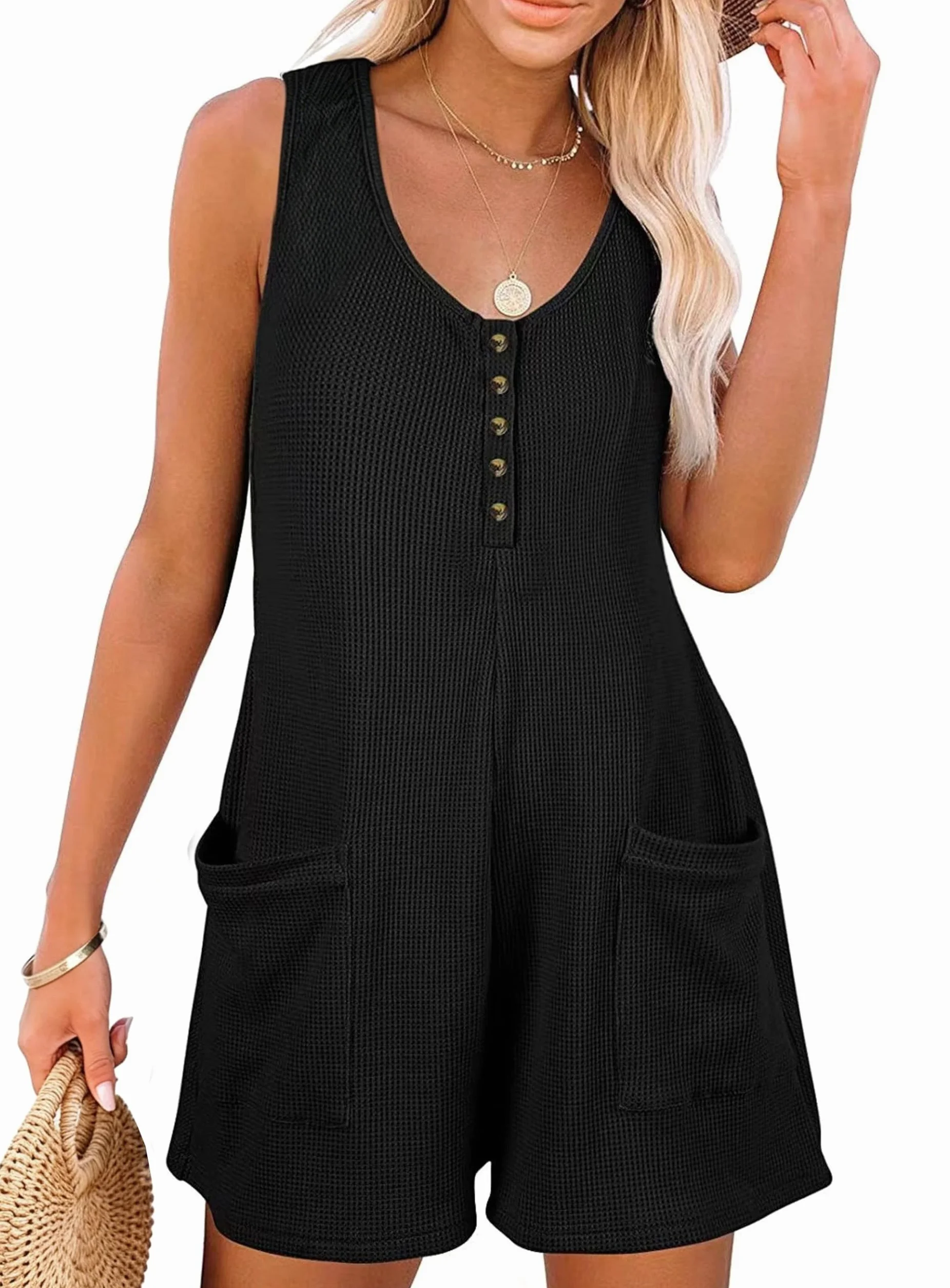 Casual Jumpsuit para Mujer Verano Mono Pantalon Corto Bolsillos Elegante Trajes Playa Sin Mangas Holgado Overol Ancha