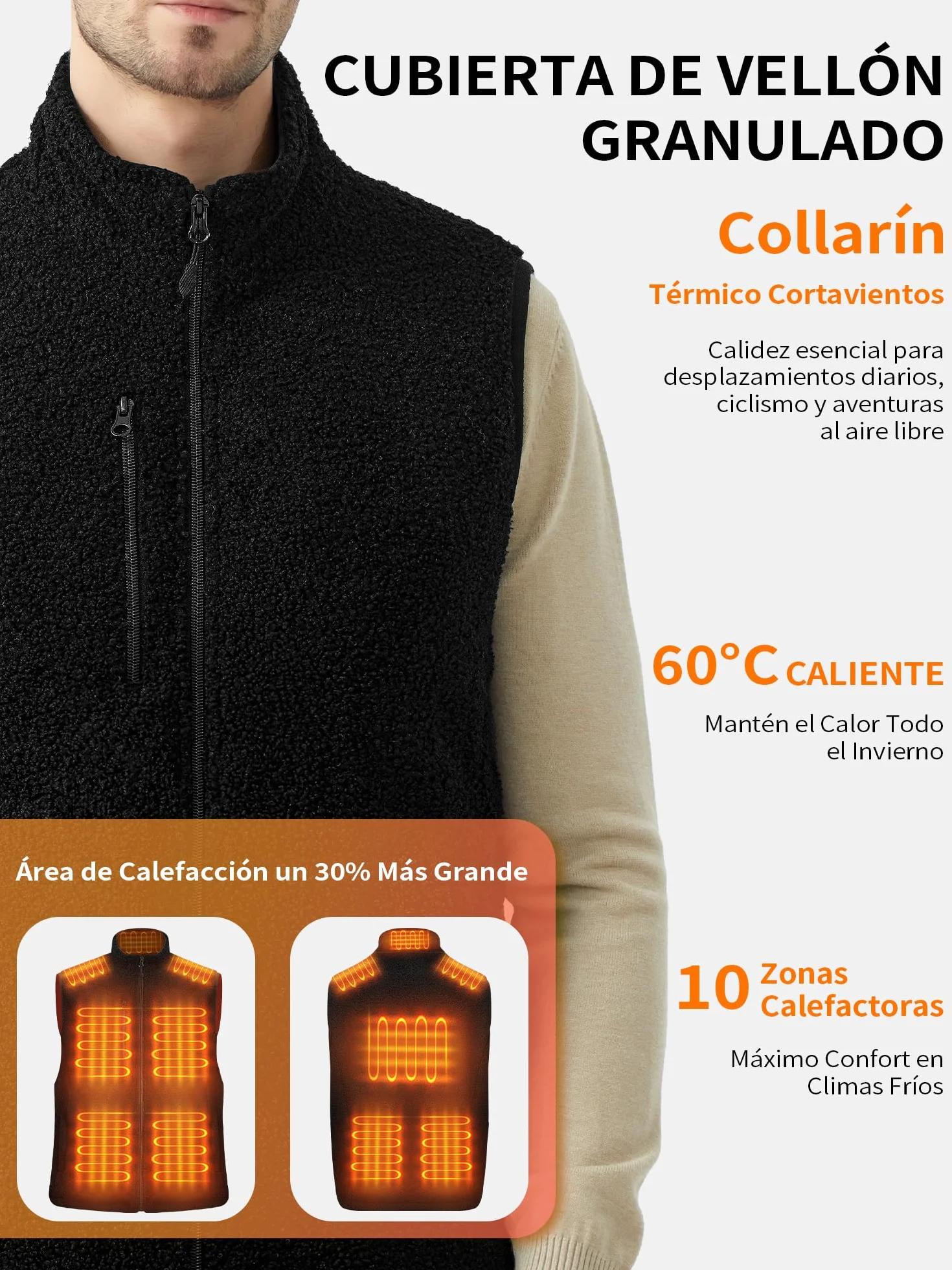 Chaleco de forro polar con batería recargable 18400 mAh 10 zonas calor 3 modos calentamiento