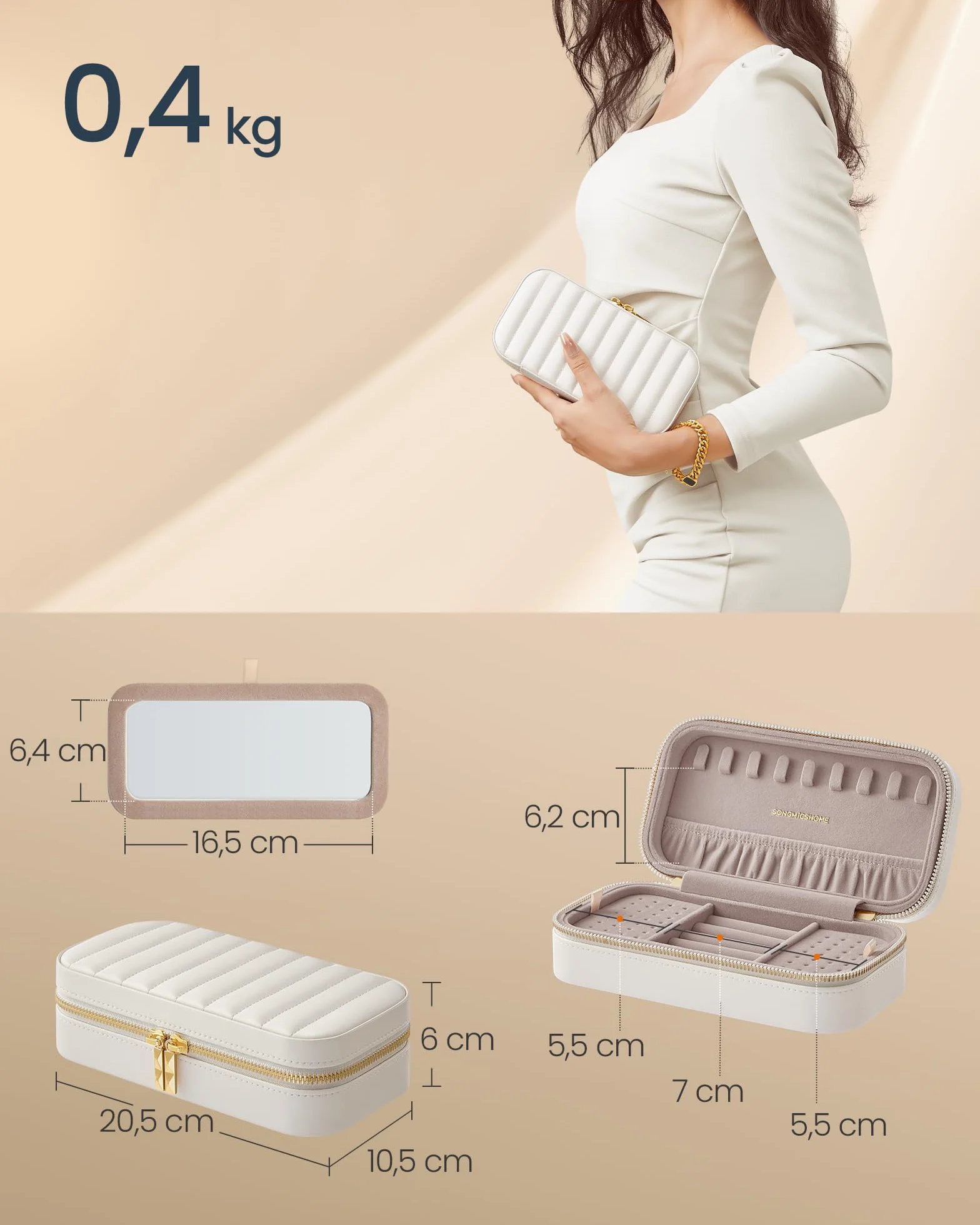 SONGMICS HOME Joyero de Viaje Pequeño con Espejo 10,5 x 20,5 x 6 cm PU Blanco Nube JBC180W01