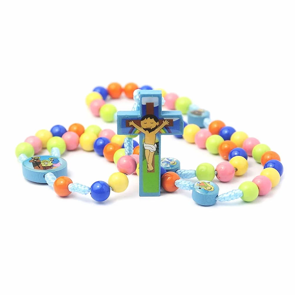 Kimu Collar de rosario con colgante de cruz de Jesús, joyería religiosa para niños y niñas, 8mm, Madera, Perla