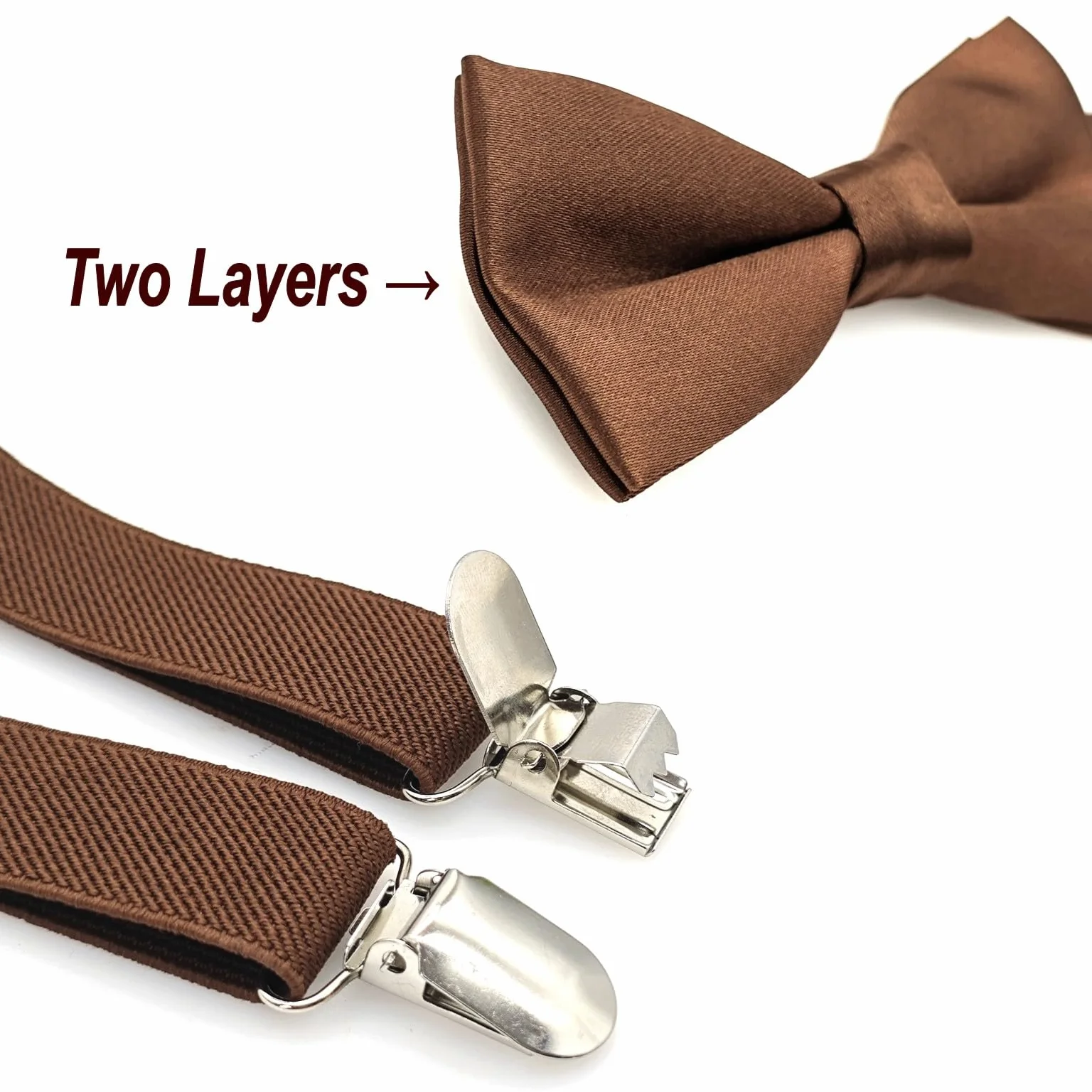 Conjunto de pajarita y tirantes para niños JZK Marrón, ajustable con clip, menos 135cm