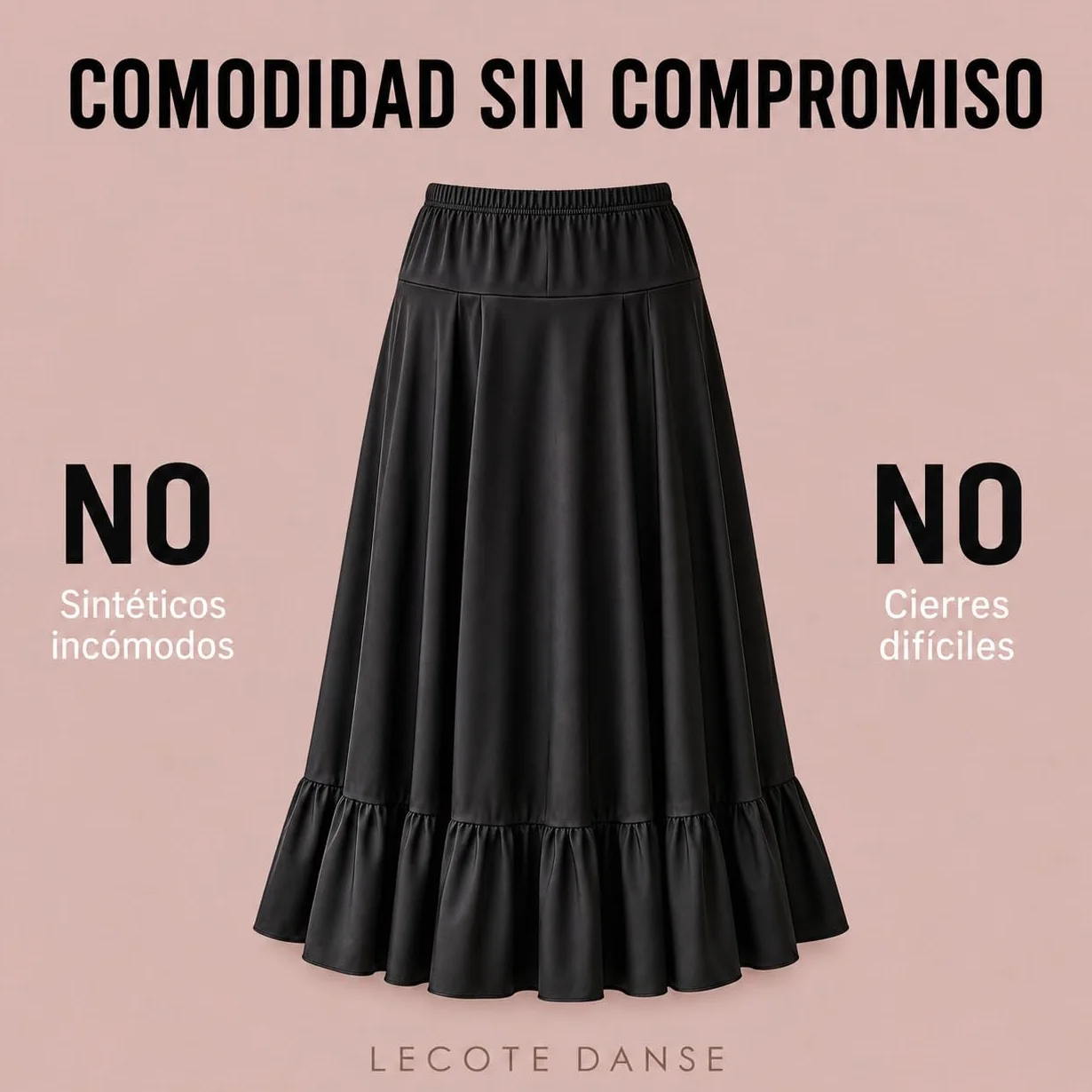 Falda de Flamenco básica Color Negro para niña, Volante Inferior y elástico en la Cintura, Tallas 2 a 12