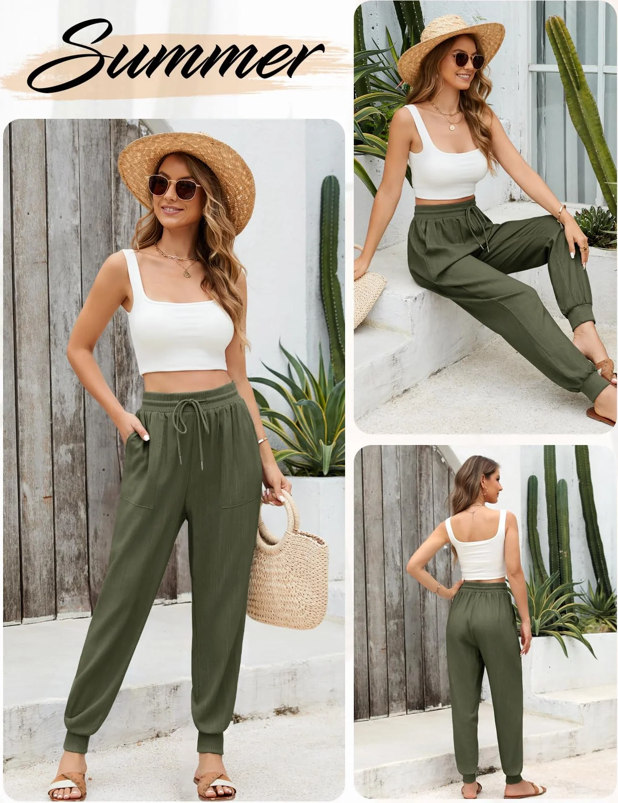 Yuson Pantalones Mujer Verano Lino Palazzo Cintura Alta Rectos Cómodos Bolsillos Cordón