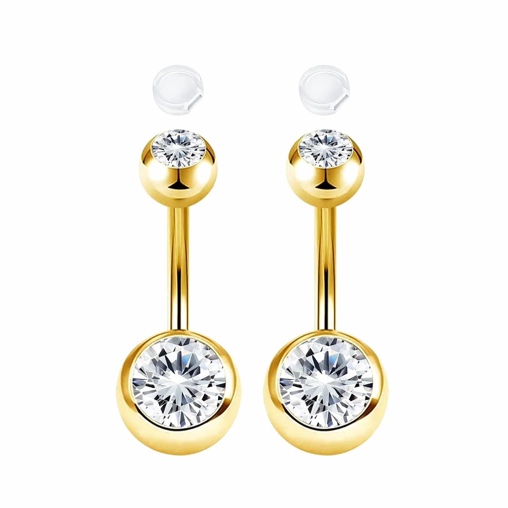 AceFun 2 piezas piercing ombligo acero quirúrgico 6mm-16mm oro plata con fundas silicona antideslizantes CZ rosca exterior