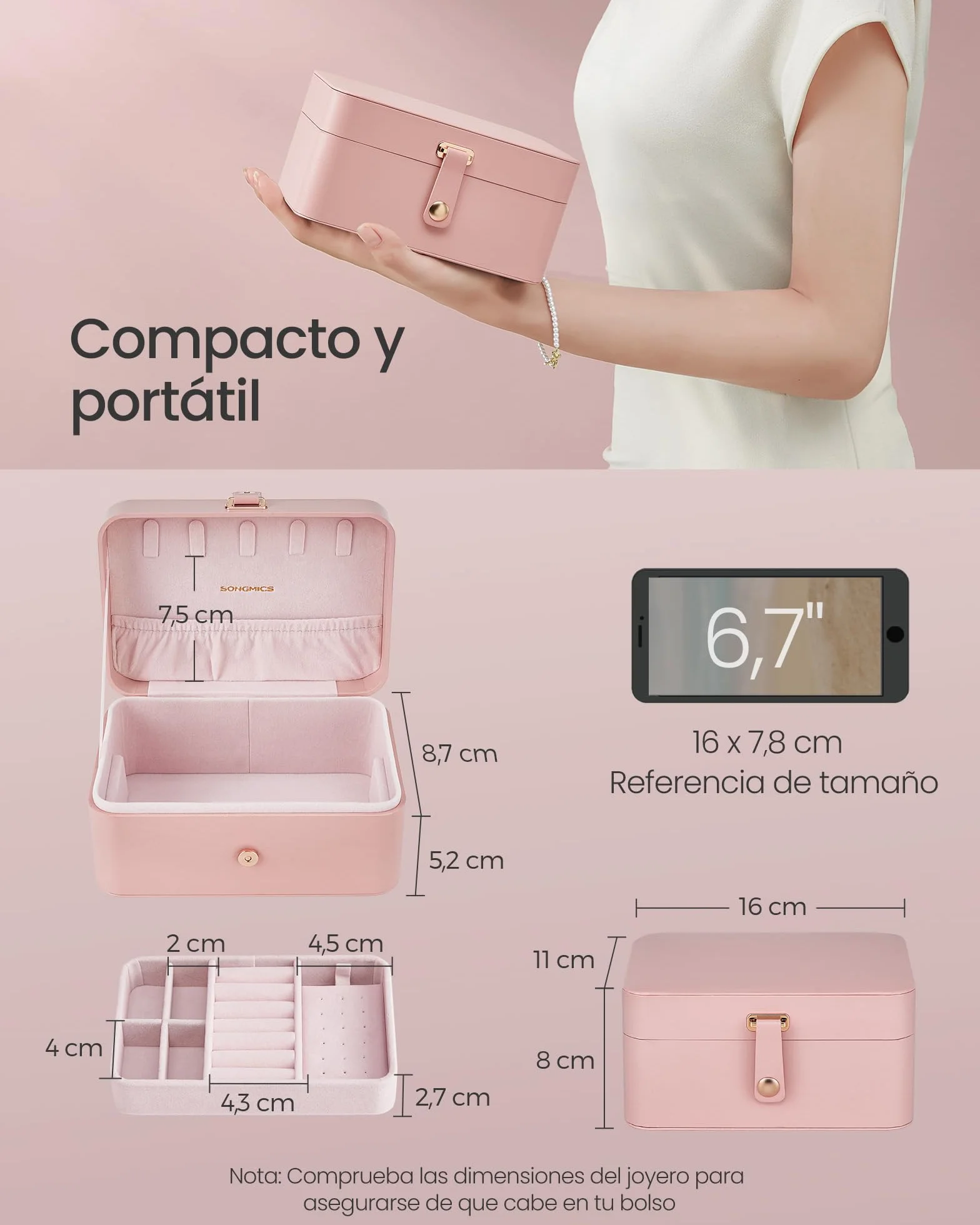 SONGMICS GISELLA Caja Joyero Viaje Pequeña 2 Niveles Portátil 11,6 x 16 x 7,5 cm Rosa Jalea