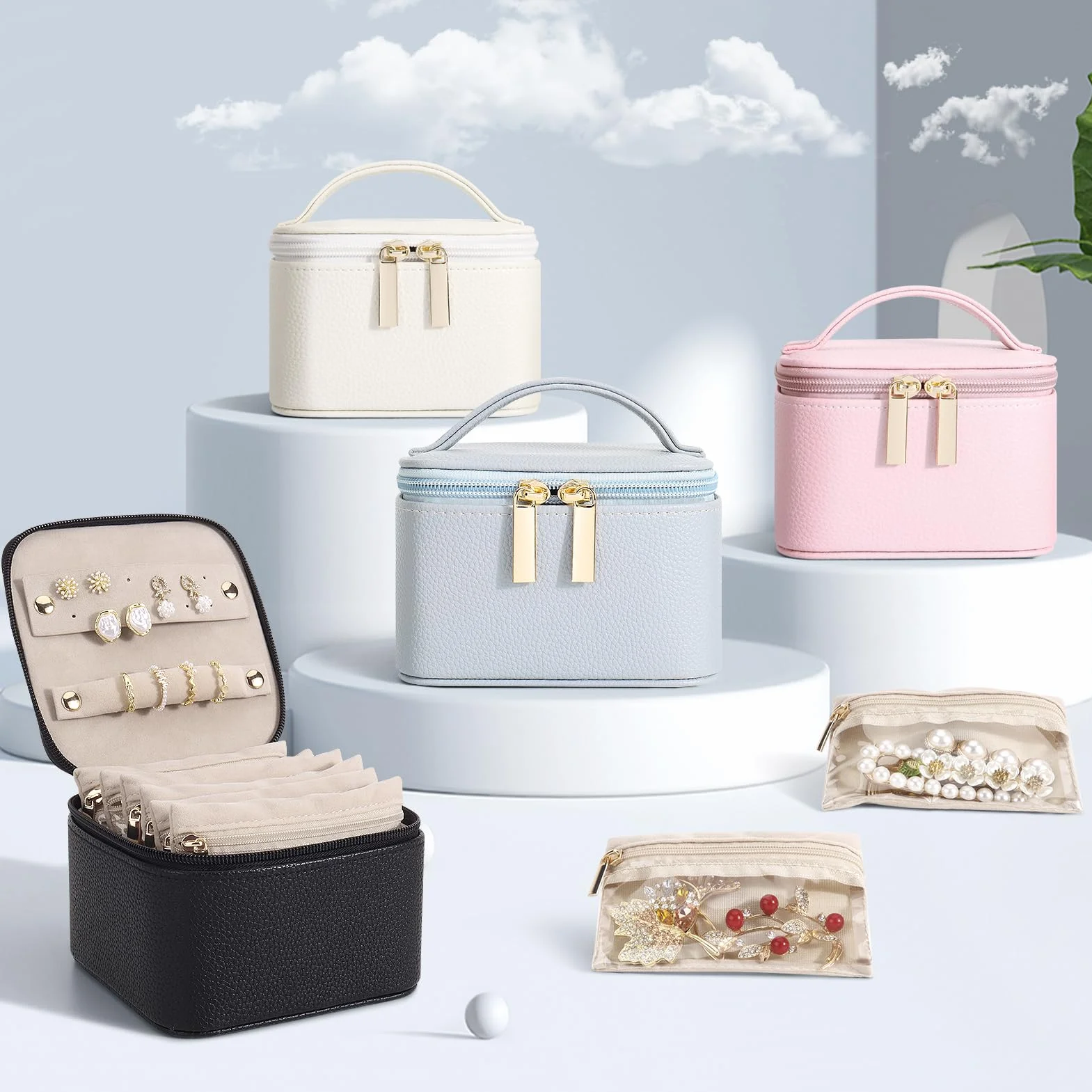 DesignSter Estuche Organizador de Viaje para Joyas, Joyero Pequeño de Poliuretano con 6 Bolsillos Transparentes, Almacenamiento para Aretes y Anillos