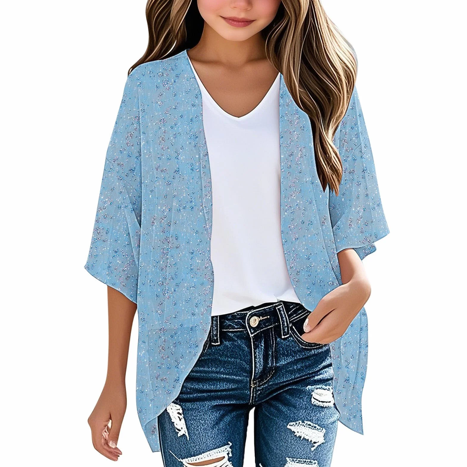 Camiseta de verano para niñas, cómoda y holgada, blusa lisa y lisa, blusa larga del Reino Unido con vuelo Upv 50+, cárdigans hawaianos bohemios, ropa para adolescentes, frente abierto, kimono