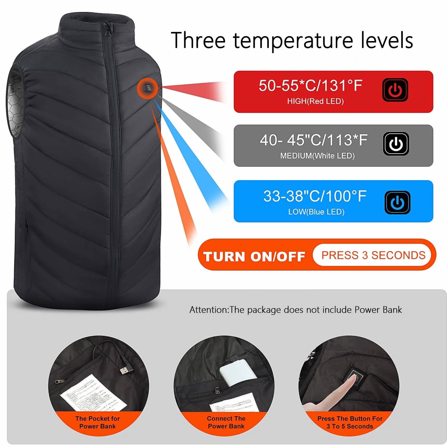 Monave Chaleco Calefactable Hombre 9 Elementos Calefacción Fibra Carbono 3 Niveles Temperatura Negro