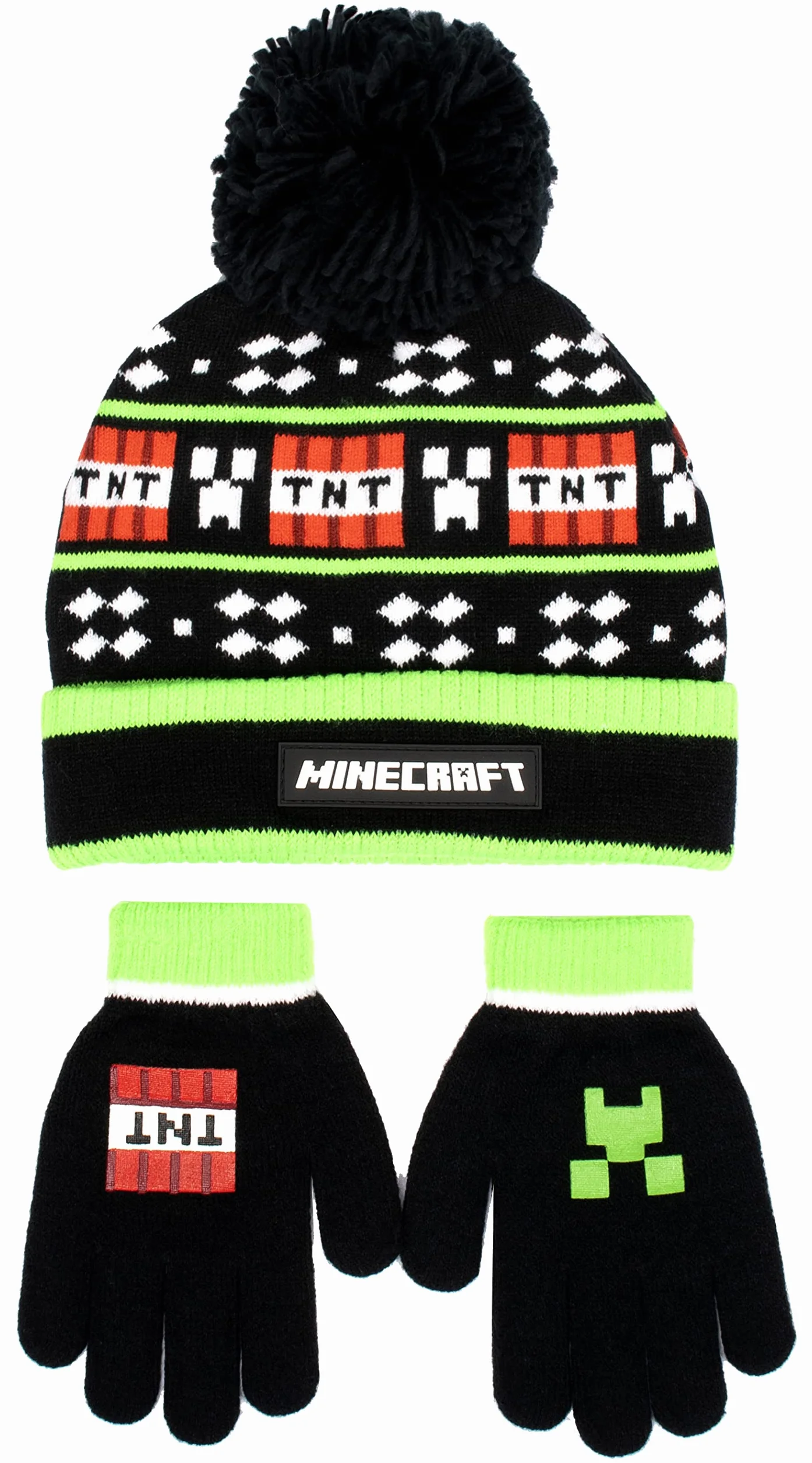 Minecraft Gorro y Guantes de Lana Negros para Niños - Diseño de Píxeles - Talla Única 6-12 Años - Mercancía Oficial