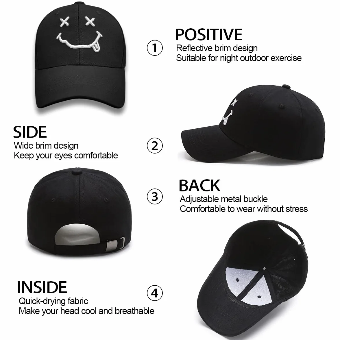 Gorra de béisbol para Hombre Unisex Algodón Ajustable de 6 Paneles 3D Carta Smiling Bordado