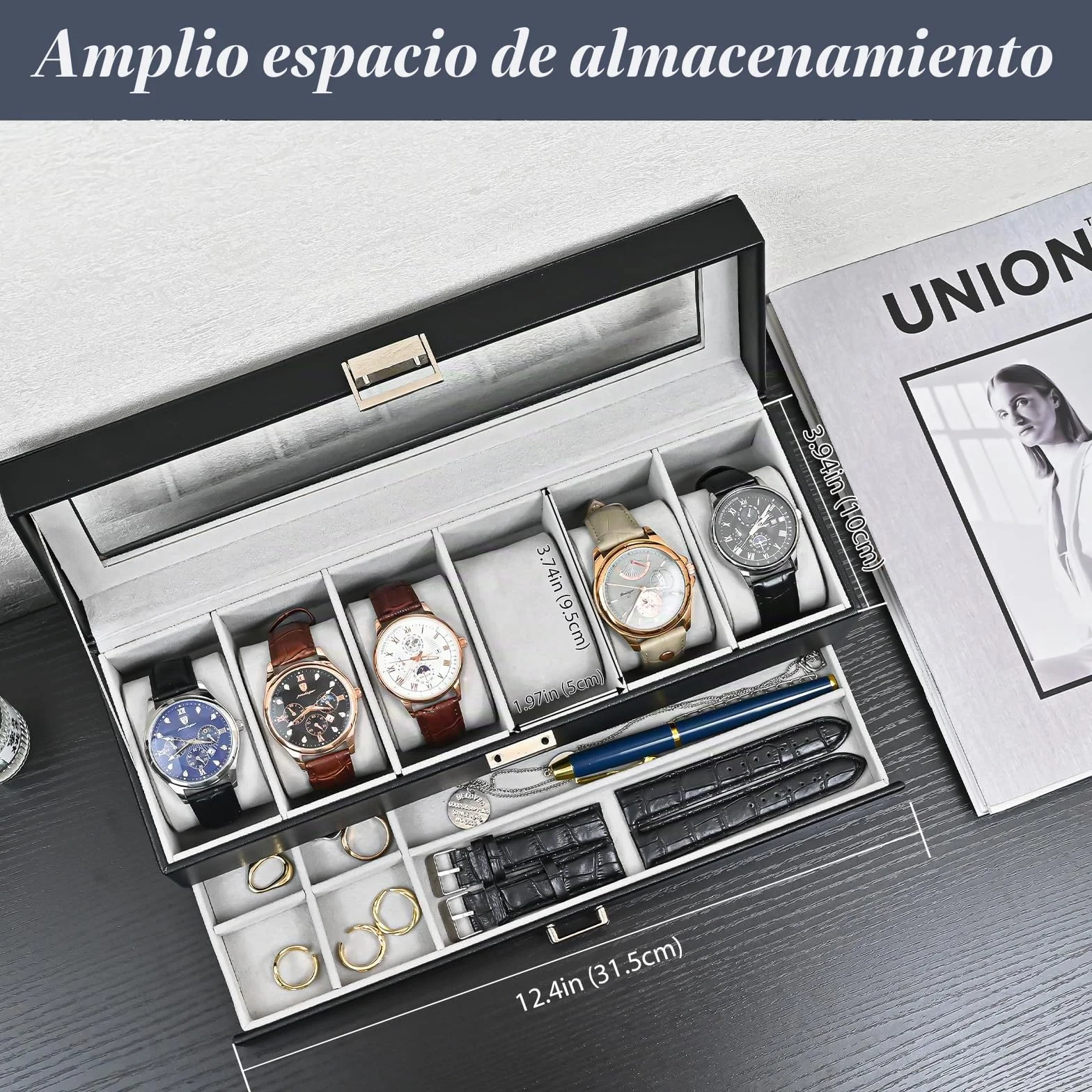 ProCase Caja de Relojes 6 Ranuras Cajón 2 Capas Tapa de Cristal Estuche Almacenamiento Negro