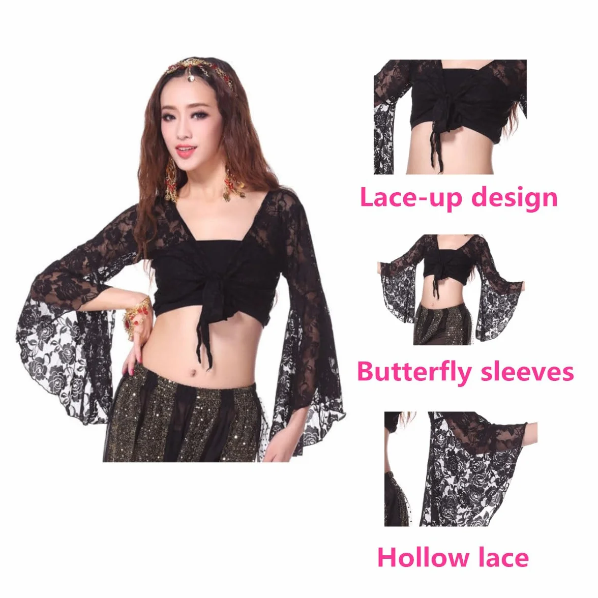 Top de danza del vientre para mujer, top envolvente manga 3/4 acampanada, corto con chal floral y nudo