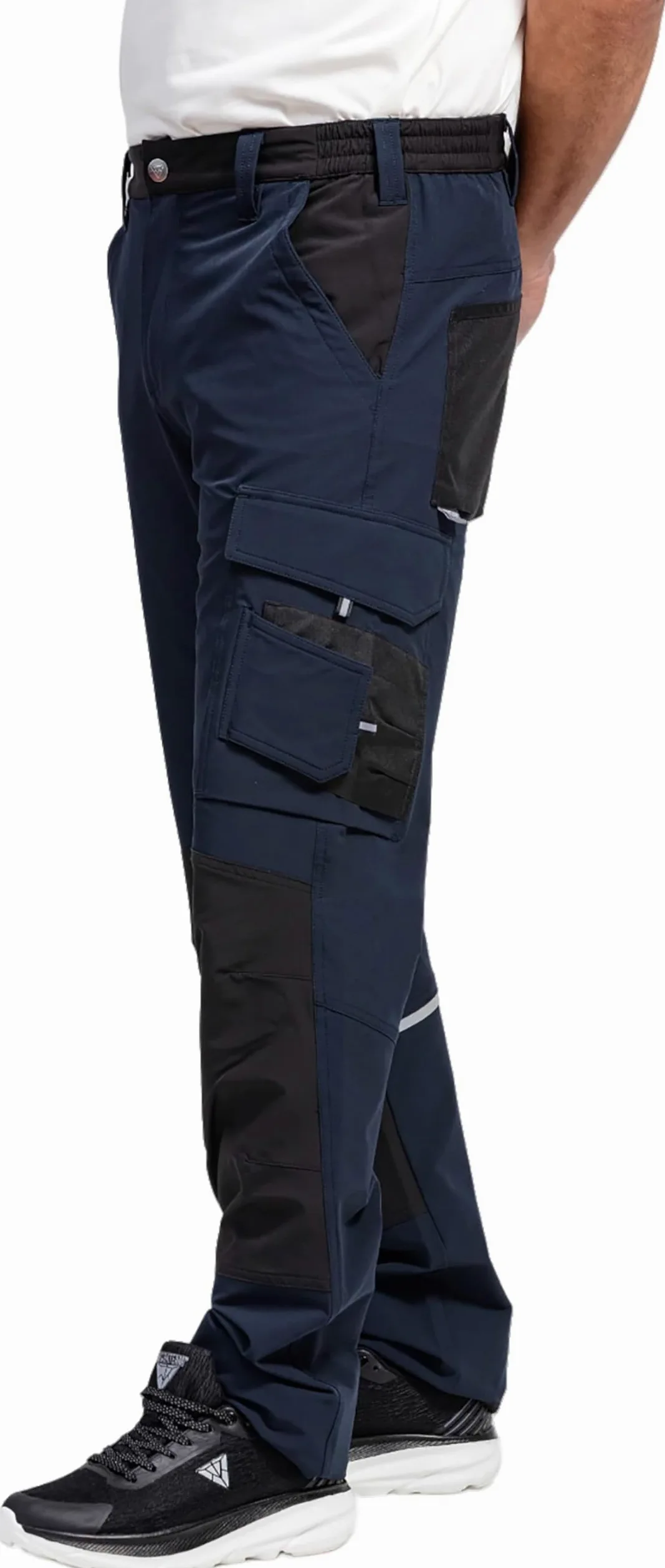 WORKTEAM Pantalón Elástico Slim Fit, Ideal Trabajo, Tiempo Libre, Senderismo, Multibolsillos con Cierres Autoadherentes, Pinzas en Rodillas, Detalles Reflectantes y Cintura Ajustable. Unisex