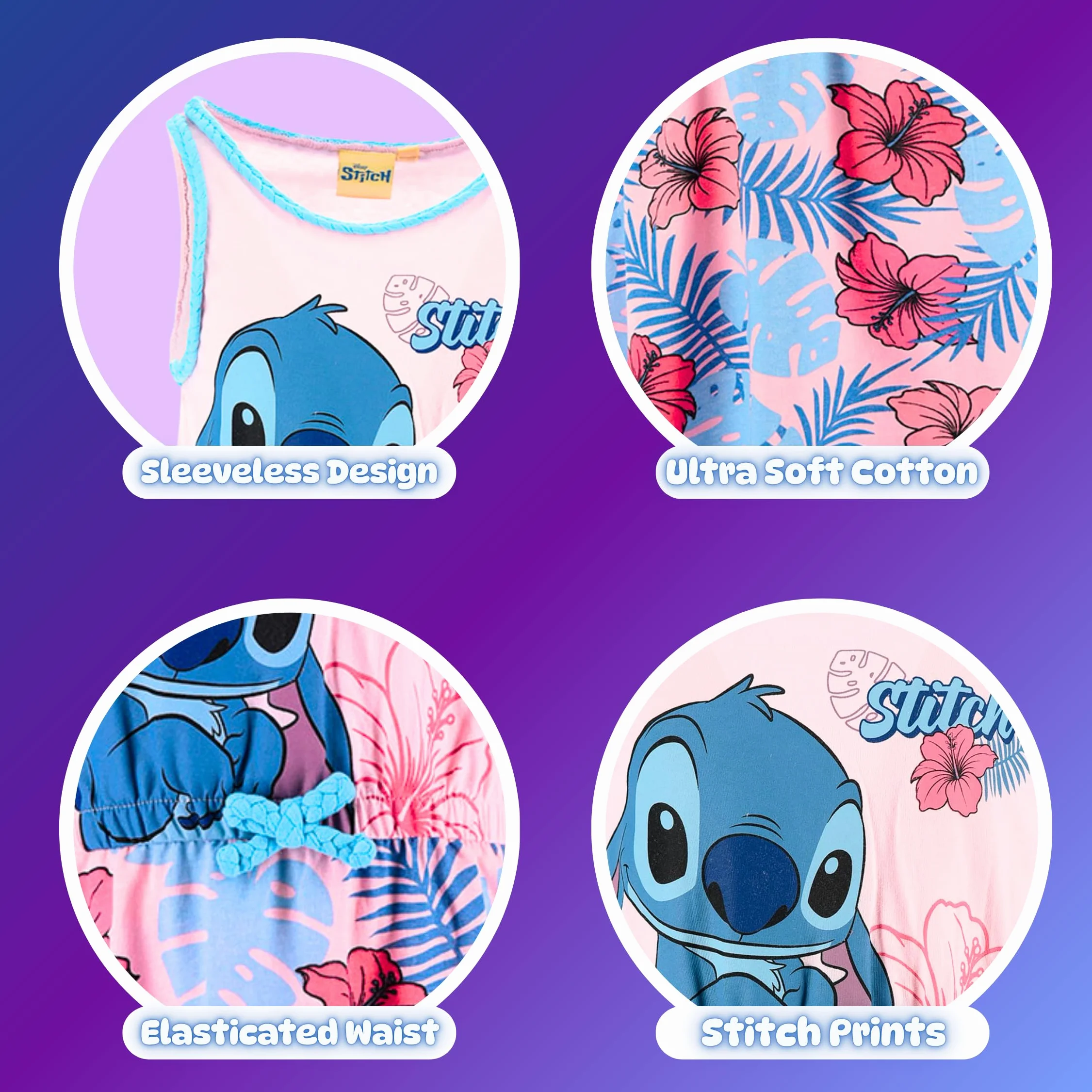 Disney Stitch Vestido para Niña Algodon Suave Tropical Manga Corta Tallas 3-8 Años