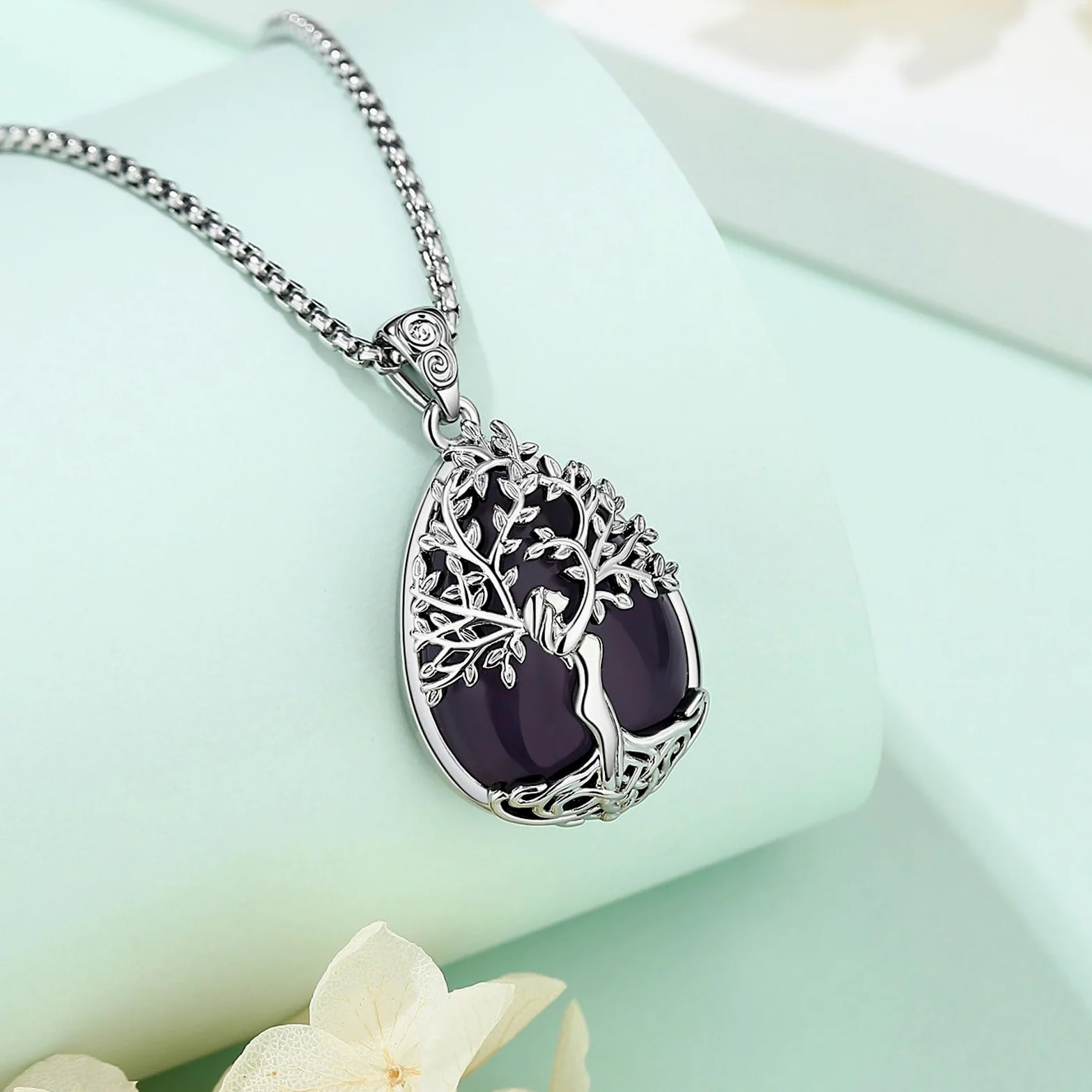 Collar Árbol de la vida con Obsidian Amatista Turquesa Malaquita Piedra de Luna para Mujer, Colgante de Cristal Curativo Joyería Original Regalo para Mujer Madre Mama, 20"+2"