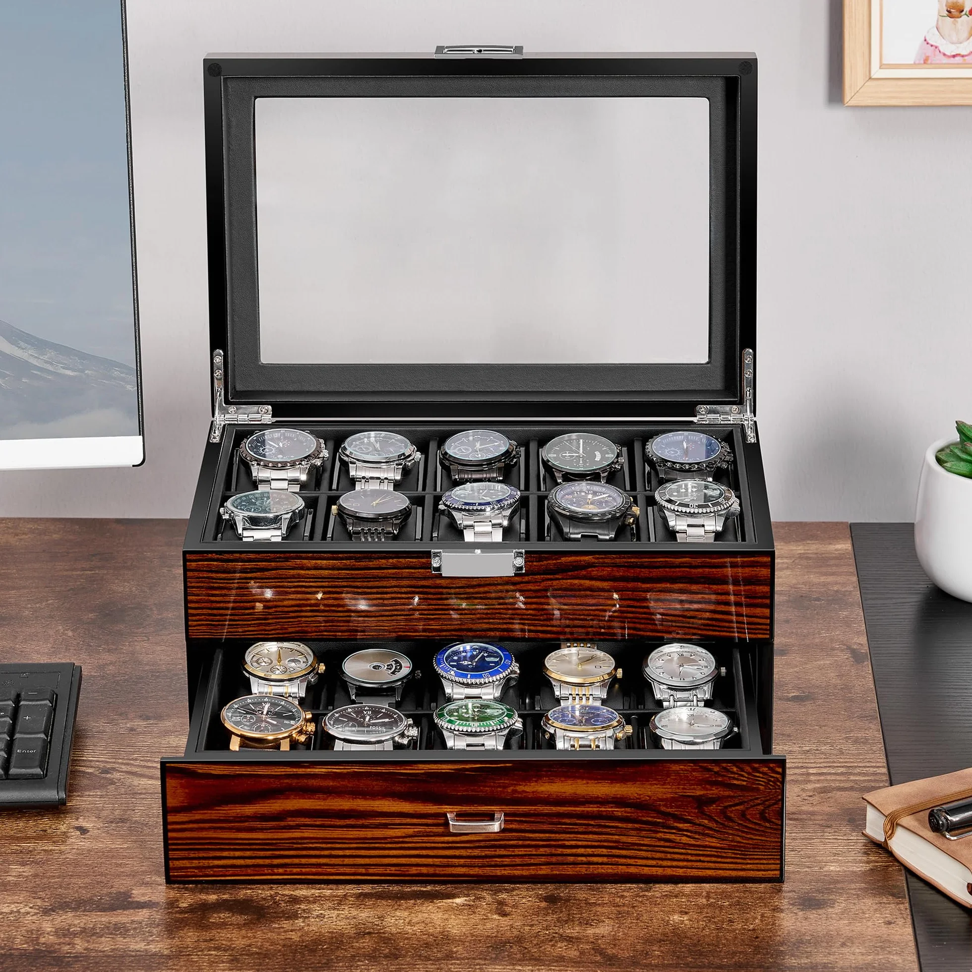 BEWISHOME Caja de Relojes con 20 Compartimentos, Relojero Organizador Hombre, Tapa de Vidrio, Cierre Metálico