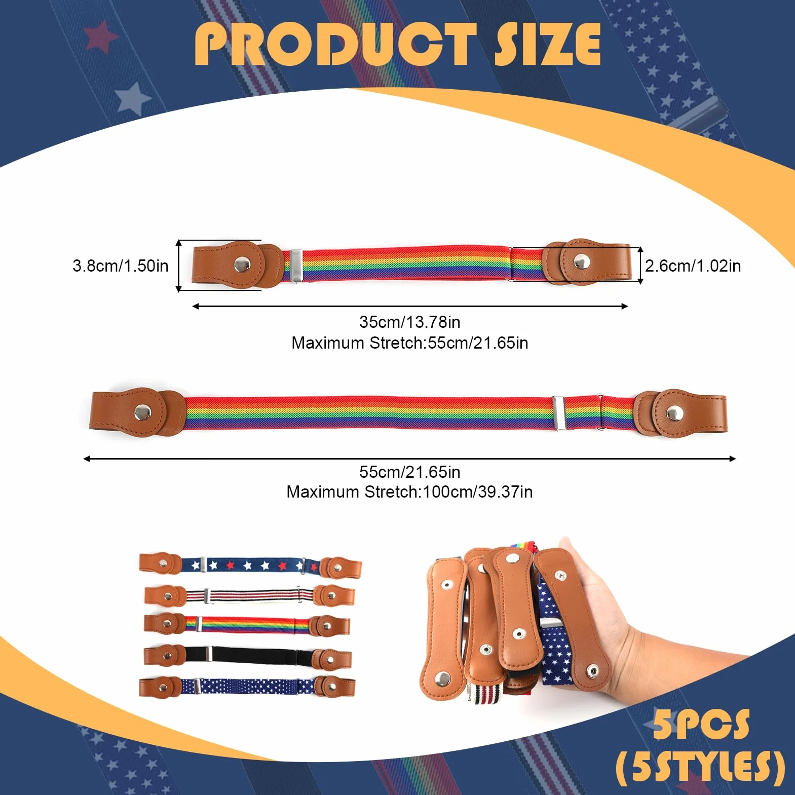 Cinturón elástico para niños ajustable 35-48 cm 5 piezas sin hebilla