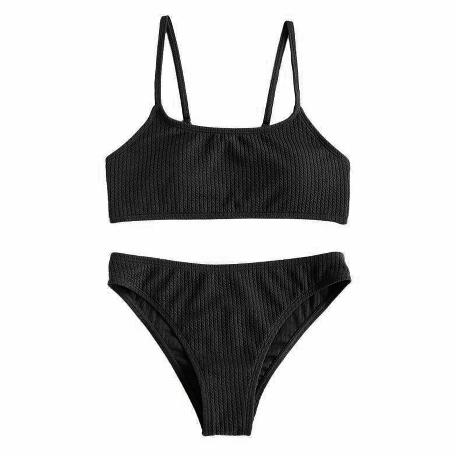 Bikini con lunares de dos piezas para niñas, cintura alta, traje de baño, negro