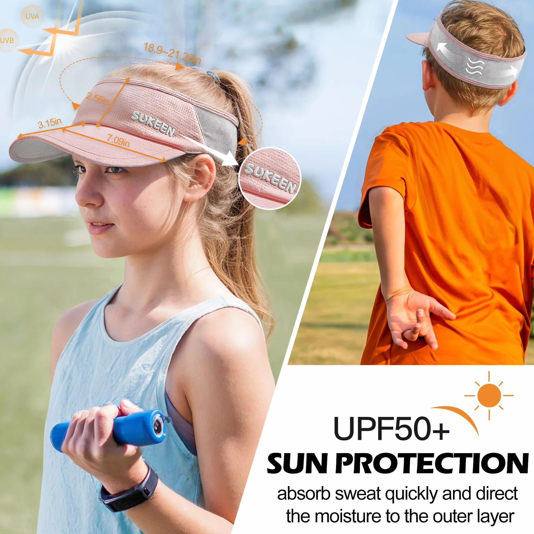 Sukeen Gorra solar de secado rápido para mujer, visera protección UV elástica con banda transpirable para niños 5-12 años