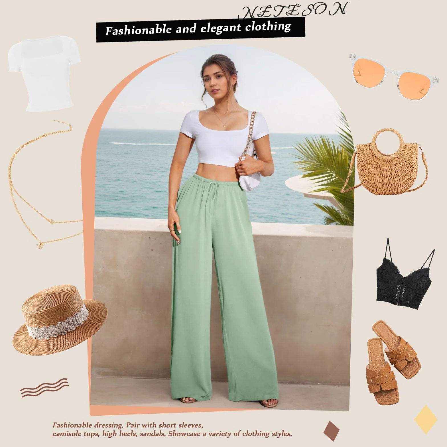 Pantalones Palazzo Mujer Lino Verano Elásticos Anchos con Bolsillos