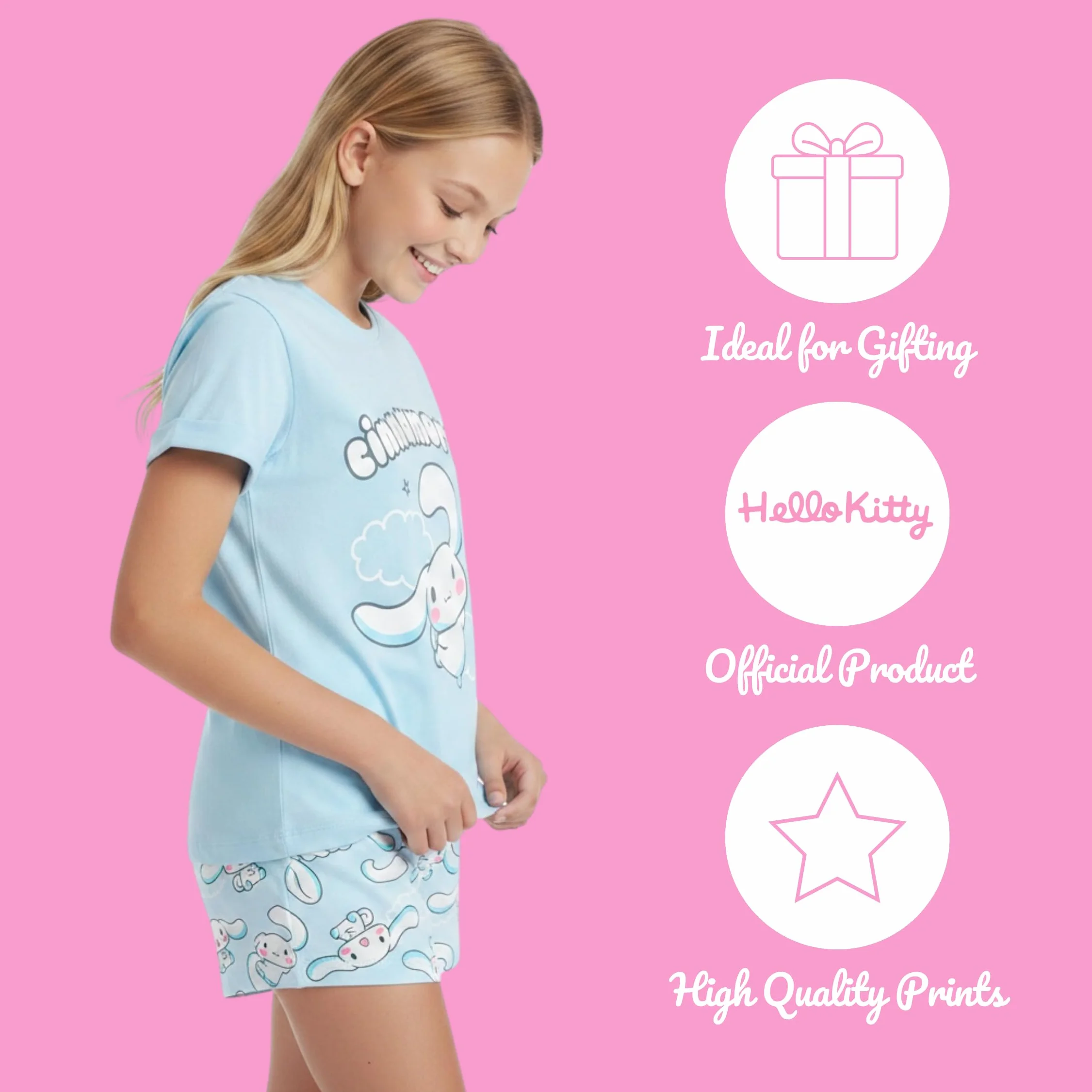 Hello Kitty Cinnamoroll Camiseta y Pantalon para Niña, Conjunto 2 Piezas Camiseta Manga Corta y Pantalon Corto, Tallas 8 a 14 Años