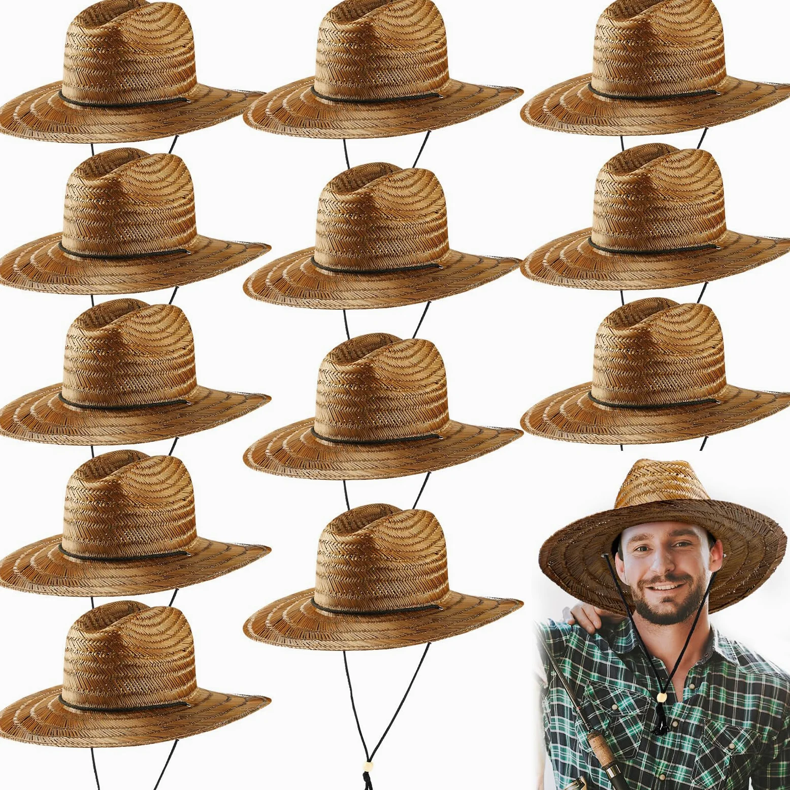 Funtery Paquete de 12 sombreros de paja para hombre, sombrero de playa de ala grande, sombrero de paja con cordón