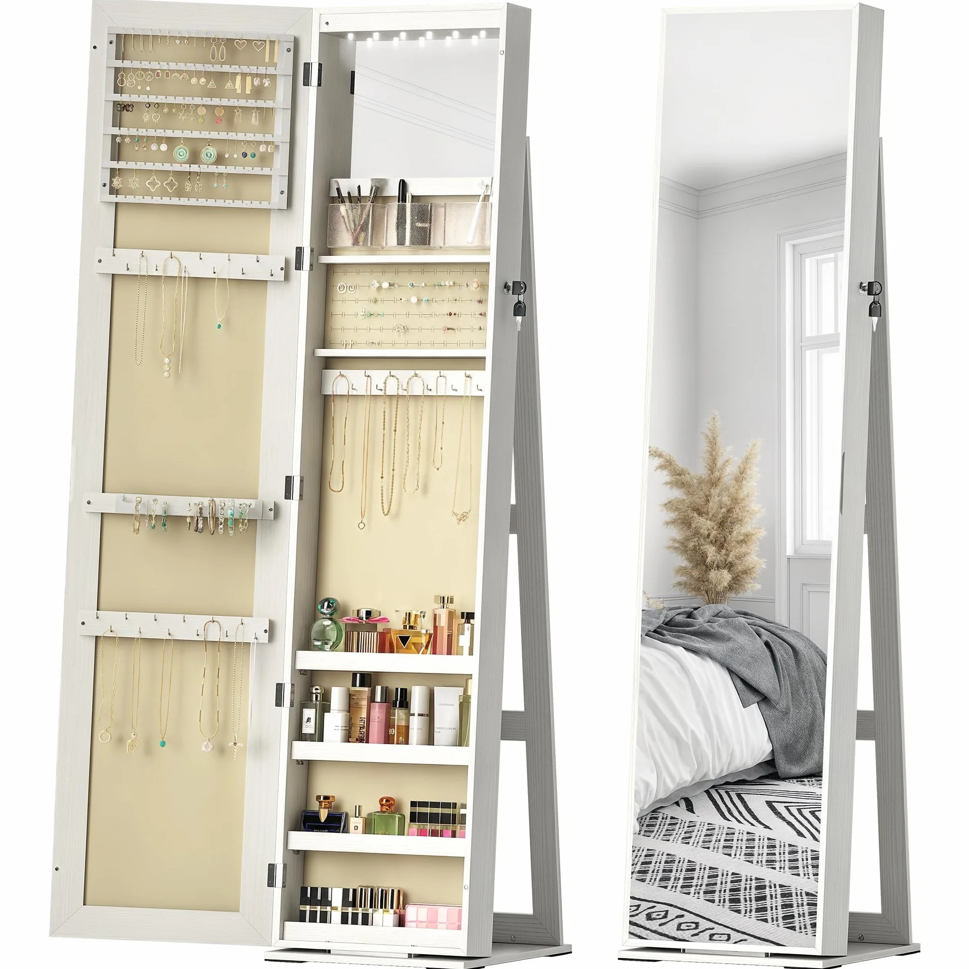 HOMCOM Espejo Joyero de Pie con Luces LED y Cerradura Armario de Joyas Blanco Veta Madera