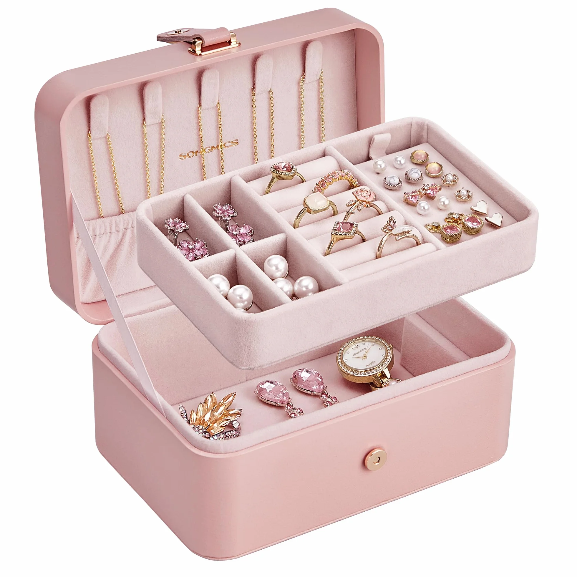 SONGMICS GISELLA Caja Joyero Viaje Pequeña 2 Niveles Portátil 11,6 x 16 x 7,5 cm Rosa Jalea