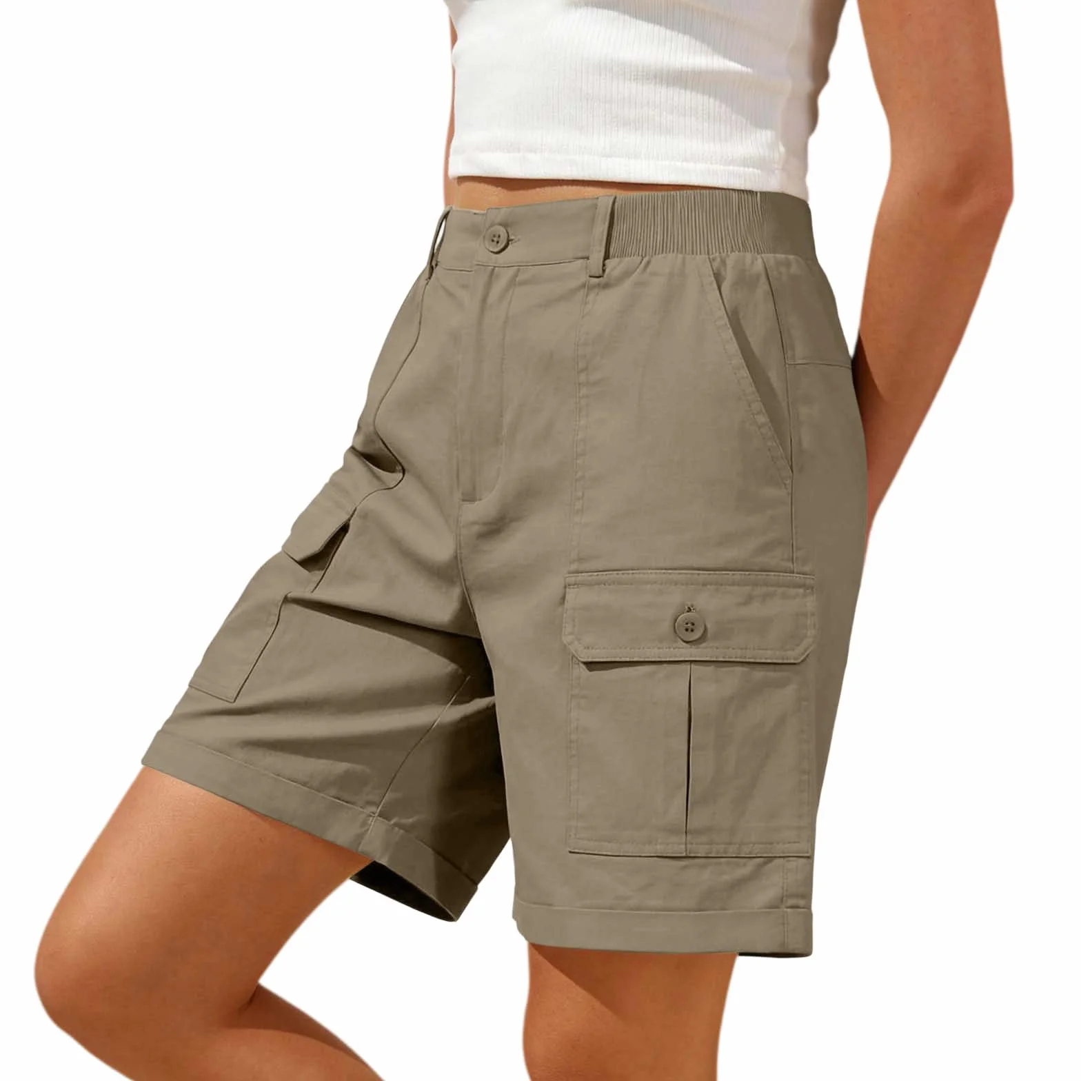 Pantalones Cortos Cargo para Mujer Bermuda Casual Verano Bolsillos Botones Pierna Ancha Cintura Alta Secado Rápido