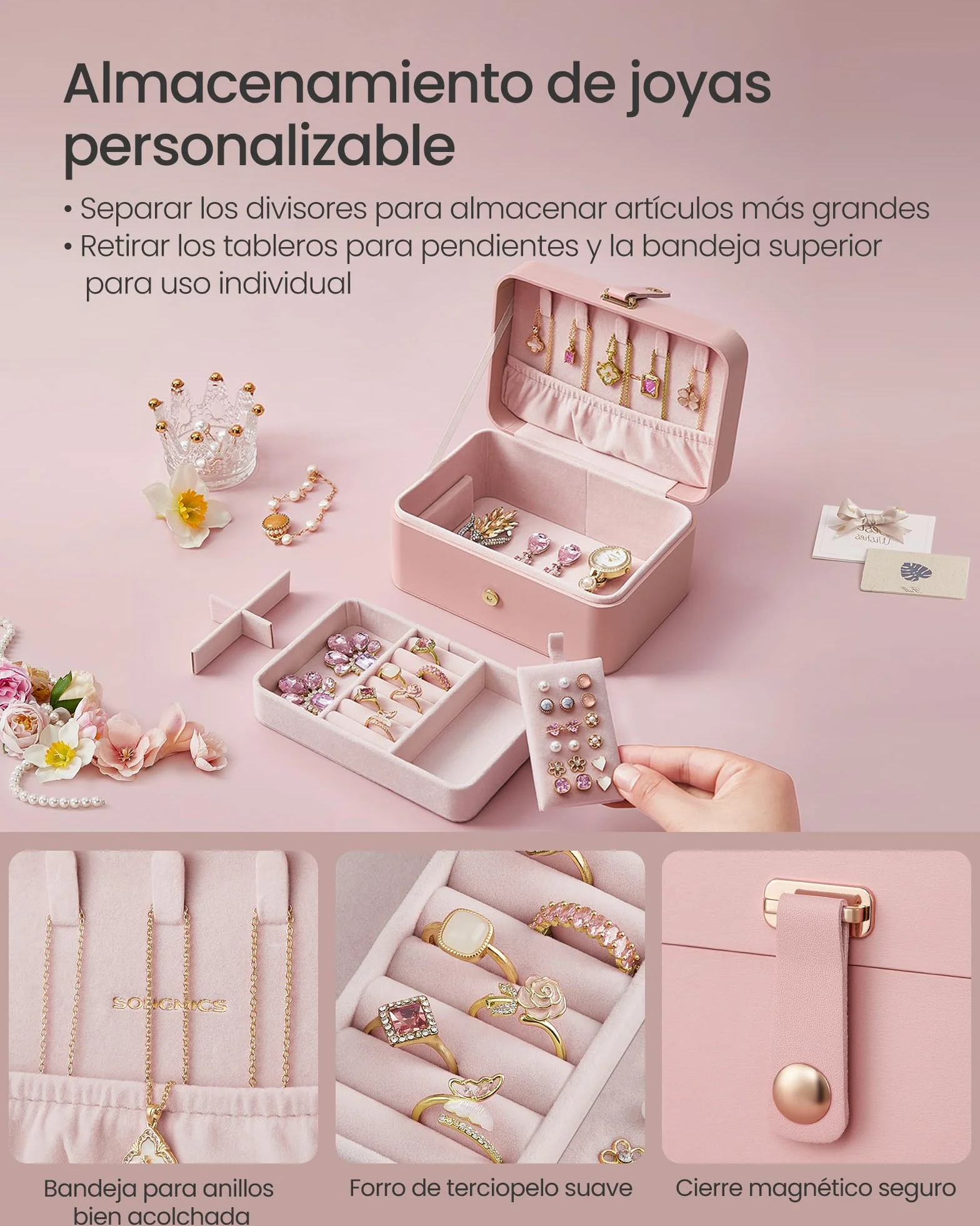 SONGMICS GISELLA Caja Joyero Viaje Pequeña 2 Niveles Portátil 11,6 x 16 x 7,5 cm Rosa Jalea