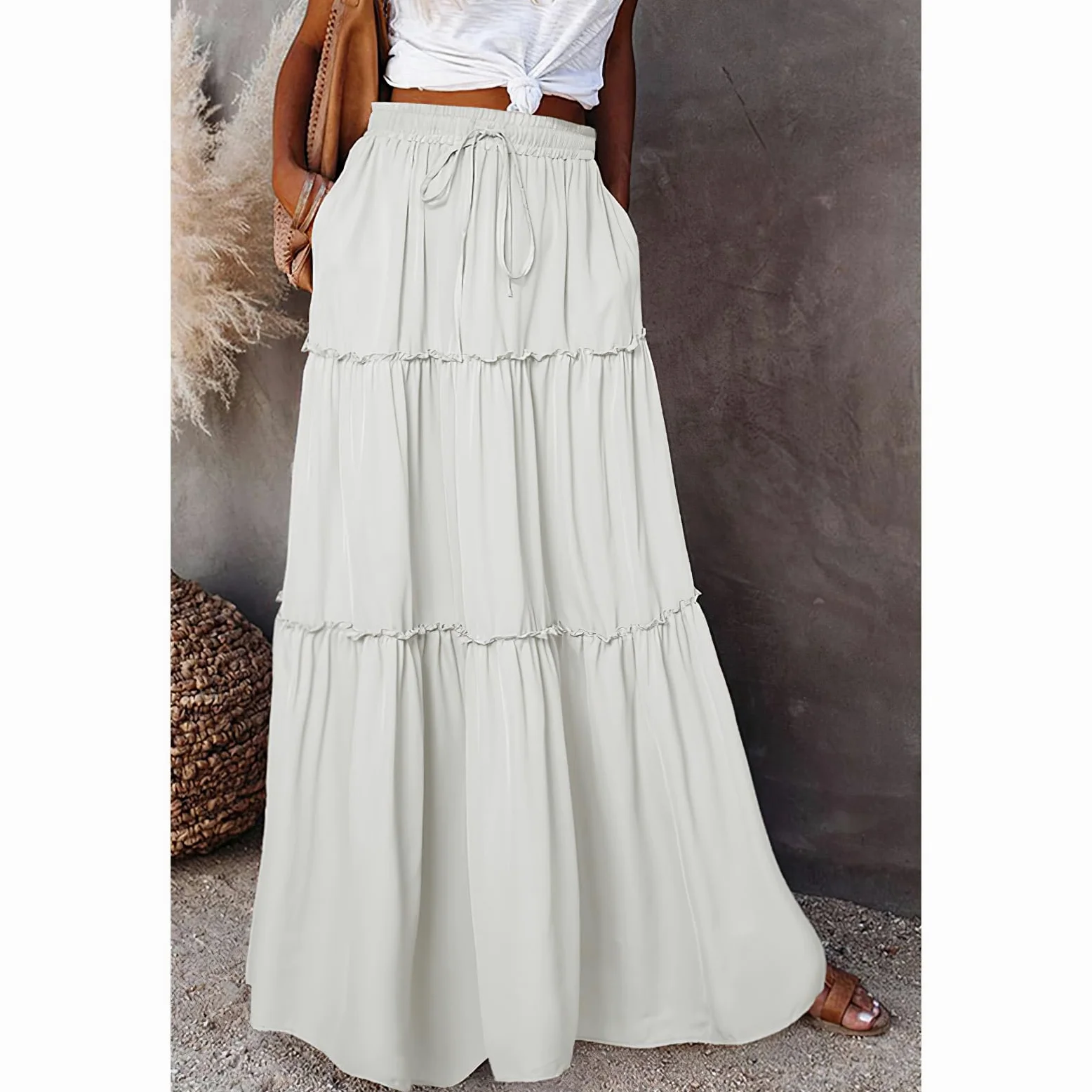 Falda Mujer Maxi Elástico de Cintura Alta Flowy Faldas Largas Casual