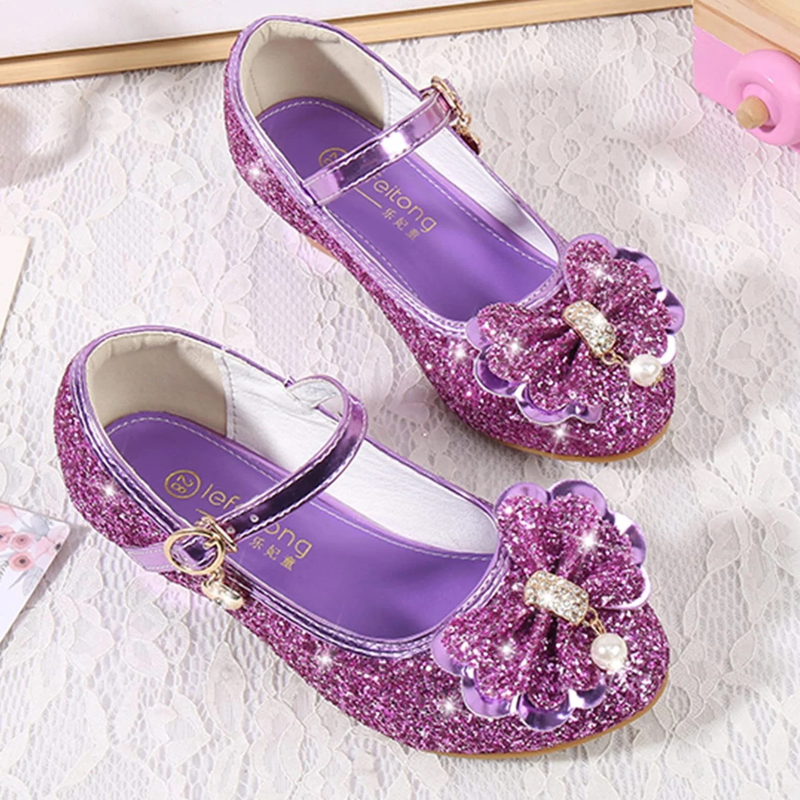 Zapatos de noche purpurina pedrería princesa lazo Mary Jane tacón grueso para niños niñas