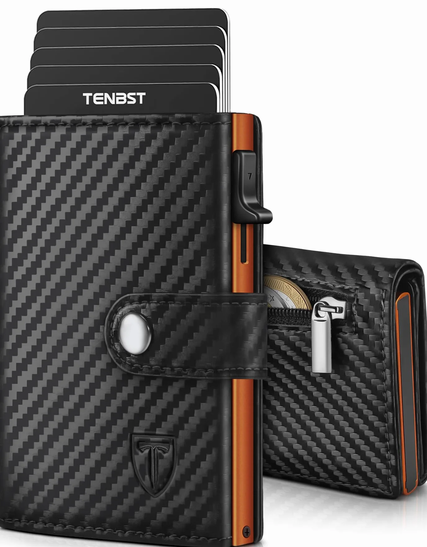 TENBST Cartera Hombre Fibra de Carbono RFID Bloqueo Negro-Naranja