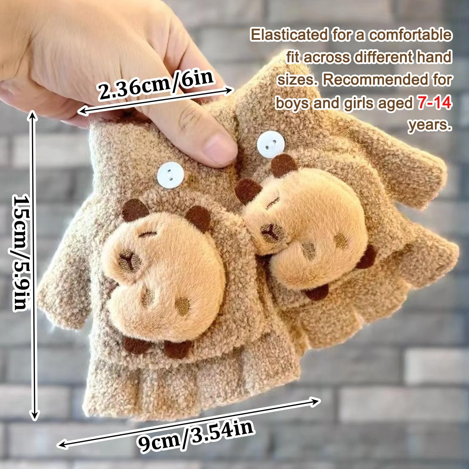 Guantes Sin Dedos para Niños Capibara, Guantes Térmicos Invierno Flip Top, Manoplas Niño 7-13 Años