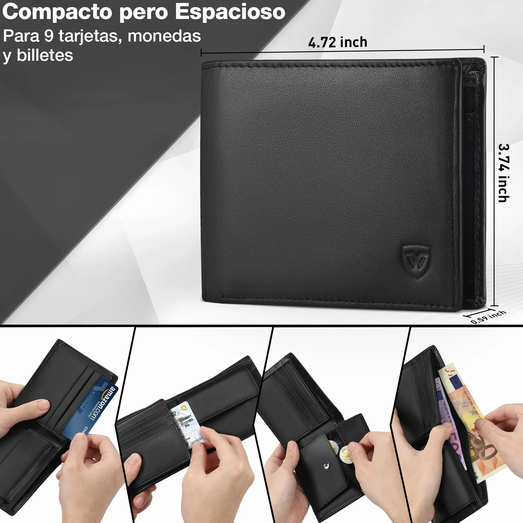 WONSEFOO Cartera Hombre Bifold Delgada con RFID 10 Ranuras Tarjetas Negro