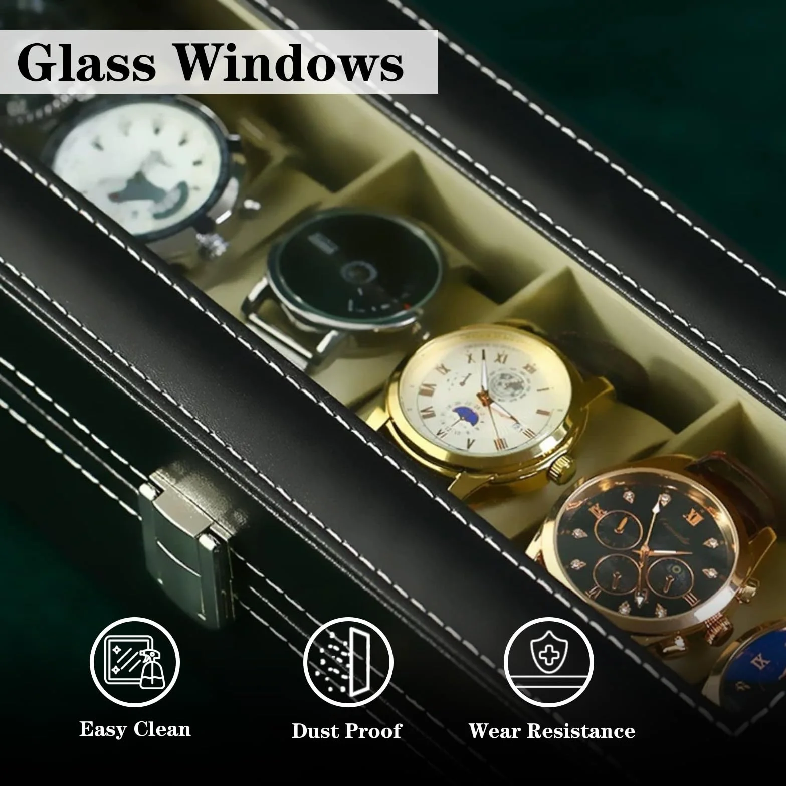 Estuche para Relojes con 6 Compartimentos, Tapa de Cristal, Organizador, Regalo Hombre, Negro