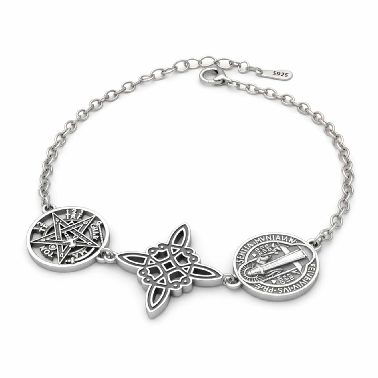Pulsera Triple protección de Plata ley 925 Rodiada Medallla de San benito, Amuleto, 18 cm Ajustable
