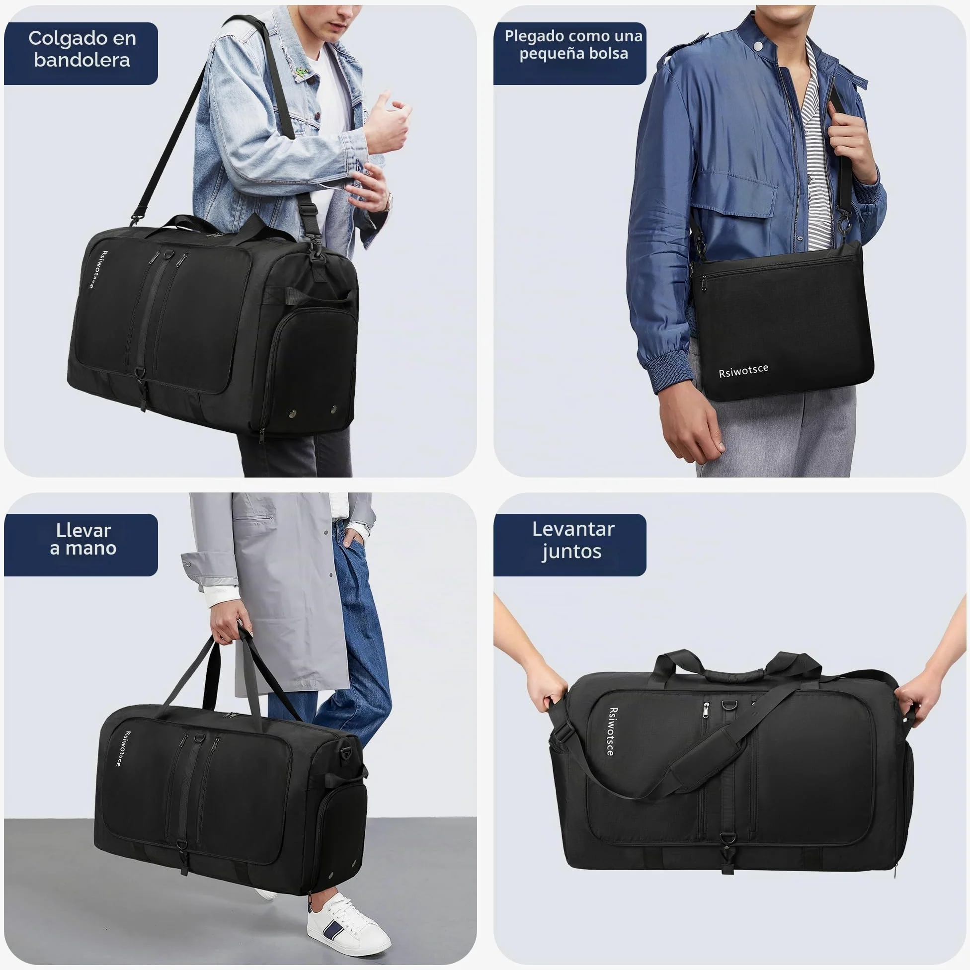 Bolsa de Viaje Unisex 90L Plegable, Impermeable con Compartimento para Zapatillas, 69 x 32 x 40 cm, Negro