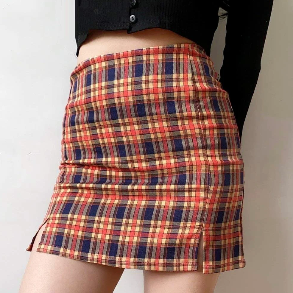 Falda Mujer Mini,Falda De Talle Alto A-Line Falda De Tartán De Doble Cara Dividida A Cuadros Verano Sexy Gótico Lápiz Falda Ajustada con Forro De Cremallera Pantalones Cortos para Niñas Damas En
