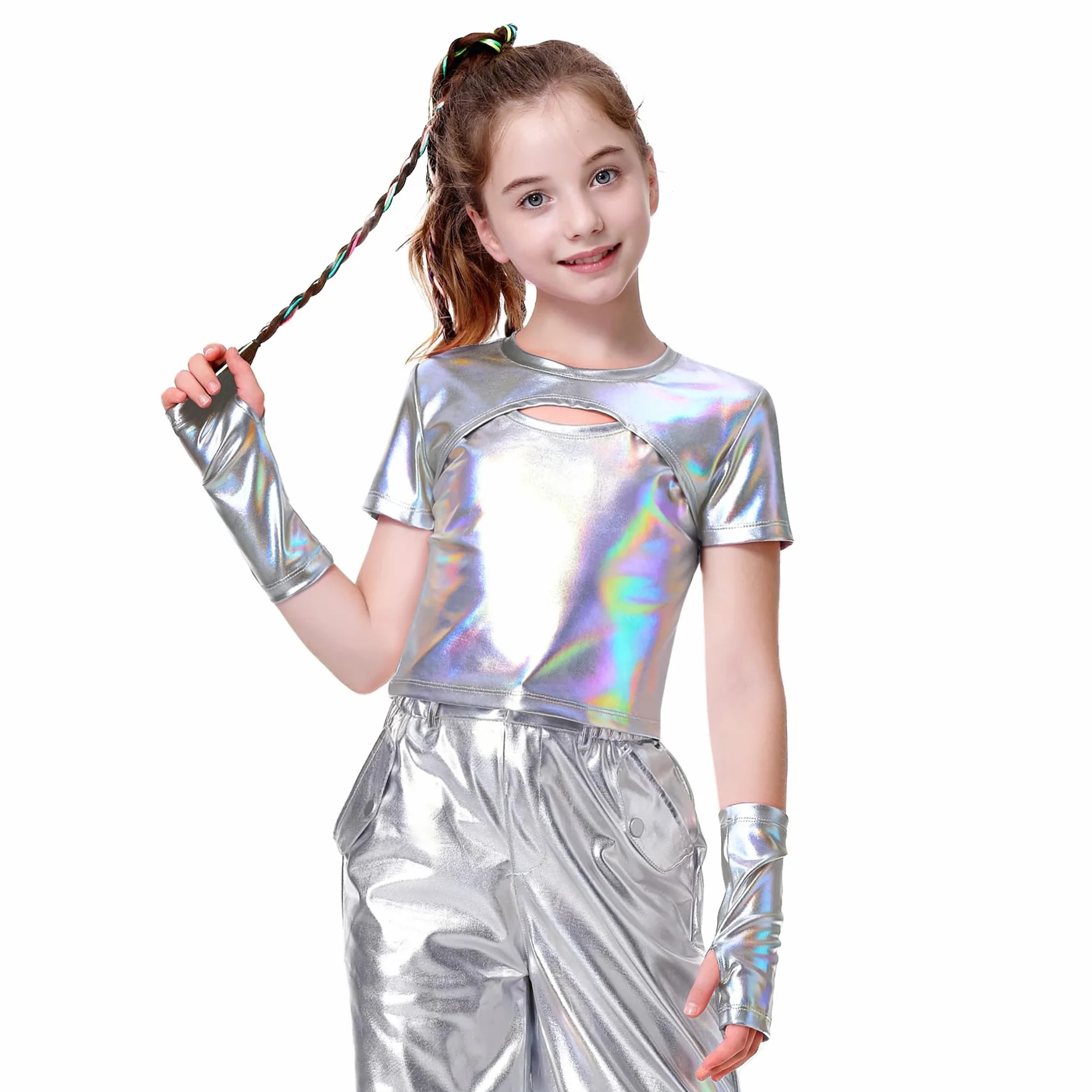 LOLANTA Top Metálico Camisa Danza Niña Jazz Moderno Hip-Hop Brillante para Baile