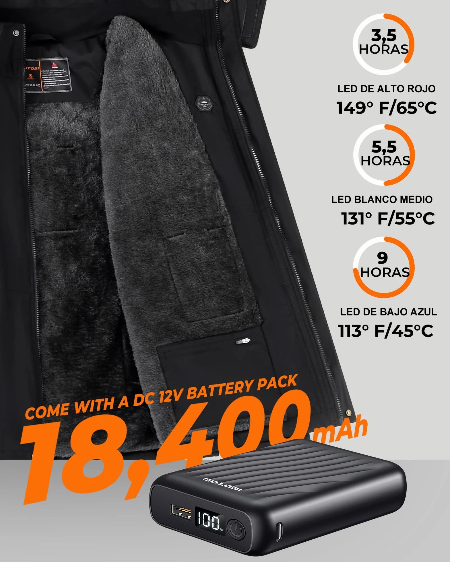 Chaqueta Calefactable Hombre 12V 18400mAh 8 Zonas Calentamiento 3 Niveles Temperatura Capucha Extraíble Negro XL