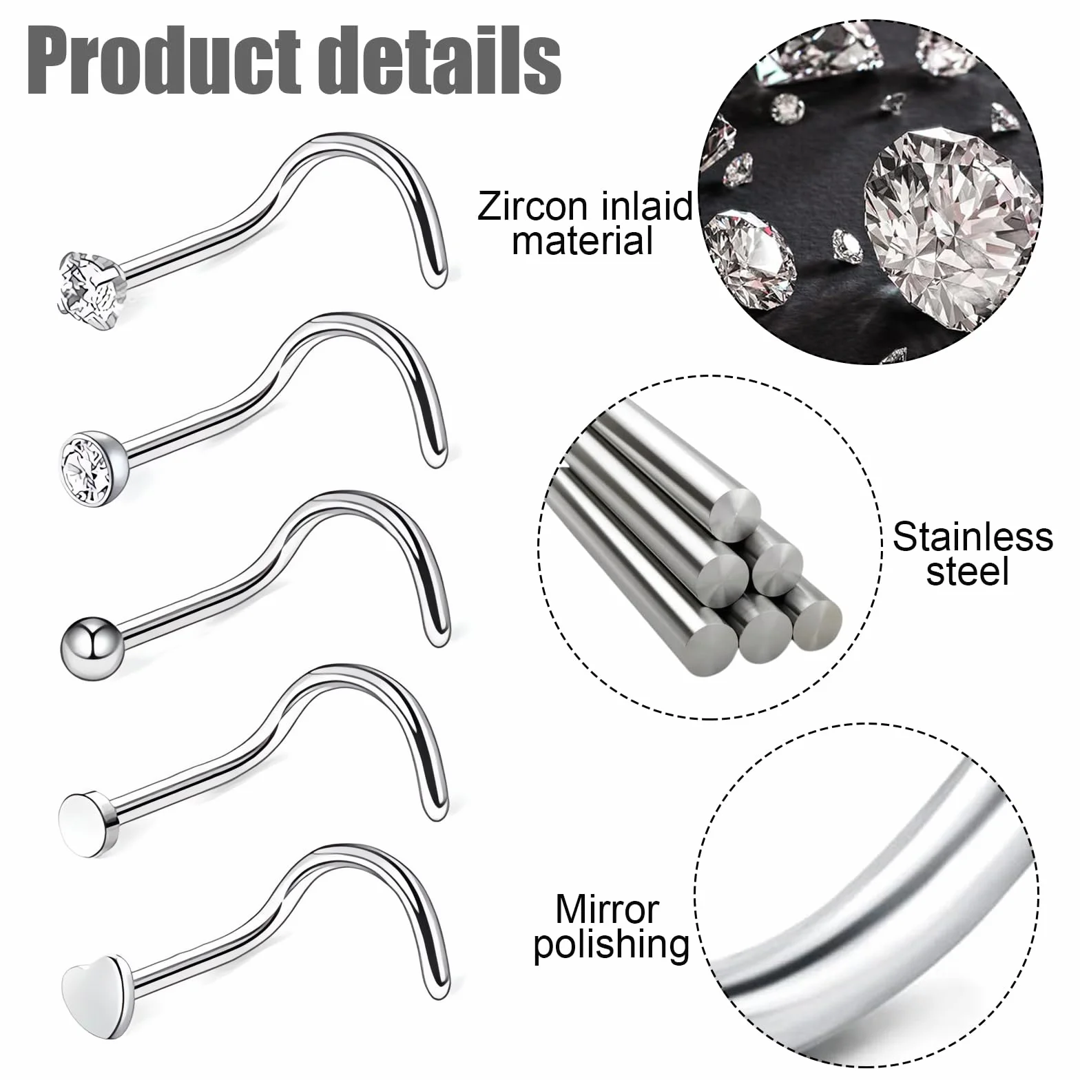Piercing nariz plata 20G acero quirúrgico delgada barra de cristal Kit Regalo Mujeres Hombres Niñas