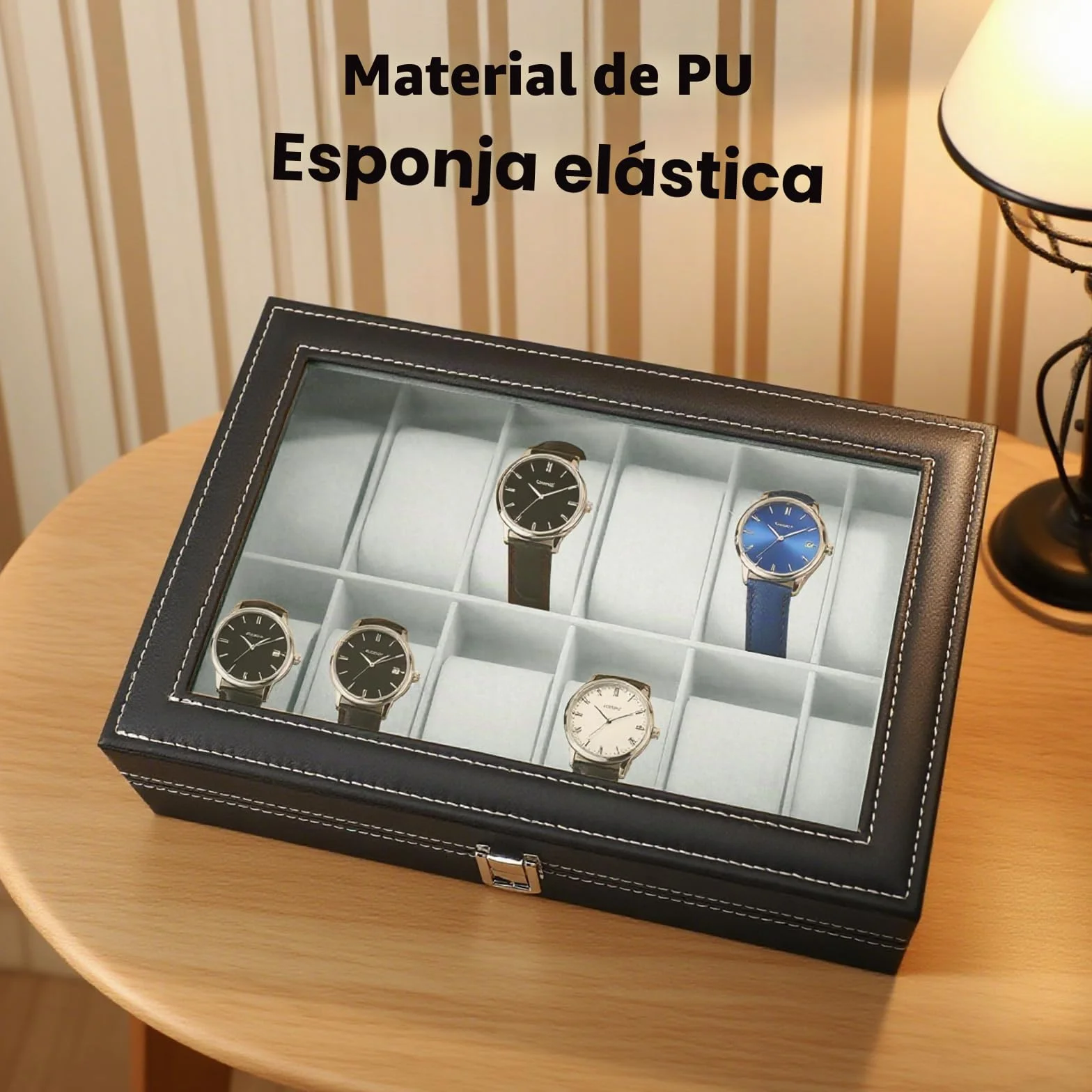 Caja de Relojes 12 Compartimentos, Estuche de Relojes de PU Cuero con Tapa de Acrílico y Cojines Extraíbles