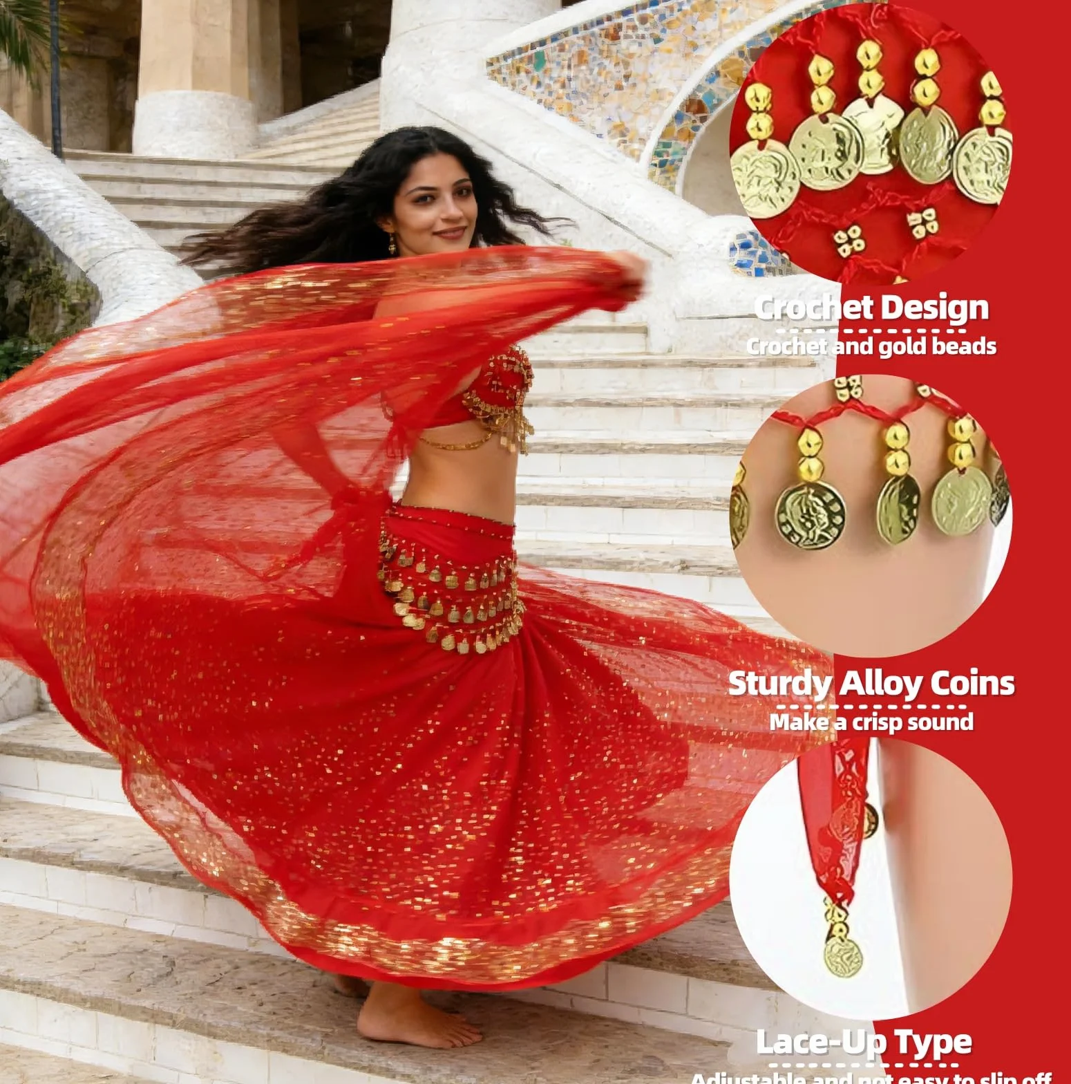 Cinturón Danza del Vientre Mujer con 90+ Monedas Falda Bufanda Baile Oriental 140 cm
