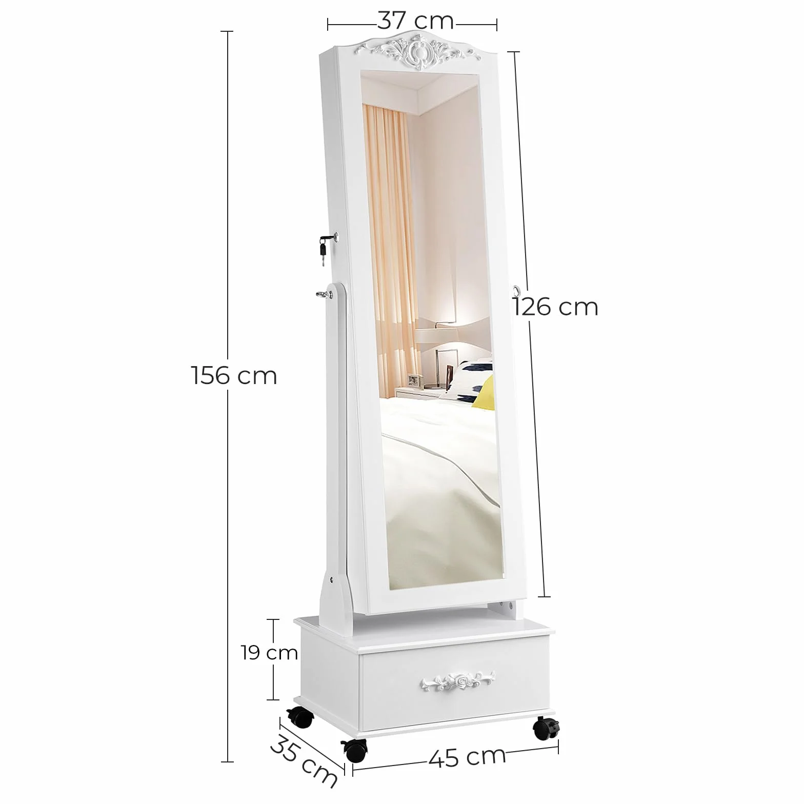 SONGMICS Armario Joyería Ruedas Organizador Joyas Cerradura Luces LED 3 Cajones Espejo Blanco JBC61W