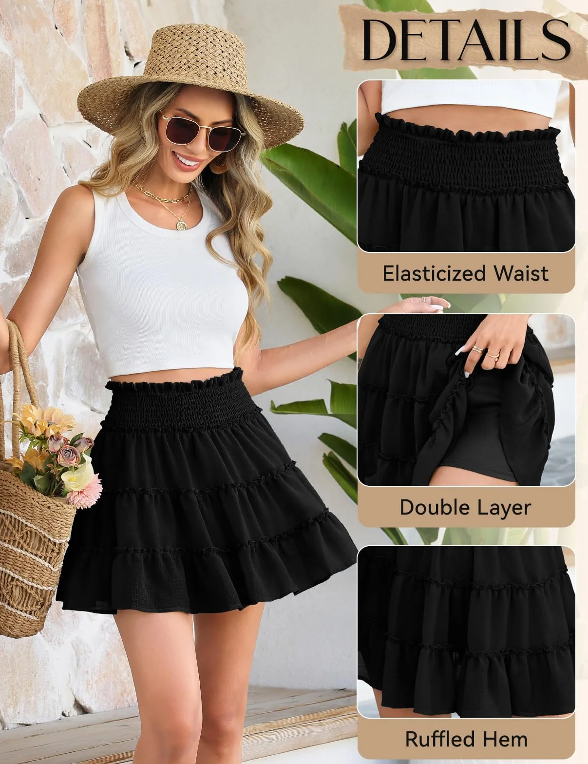 Faldas Mujer Verano Mini Cintura Alta Elástica Corta Falda de Playa con Short Forro