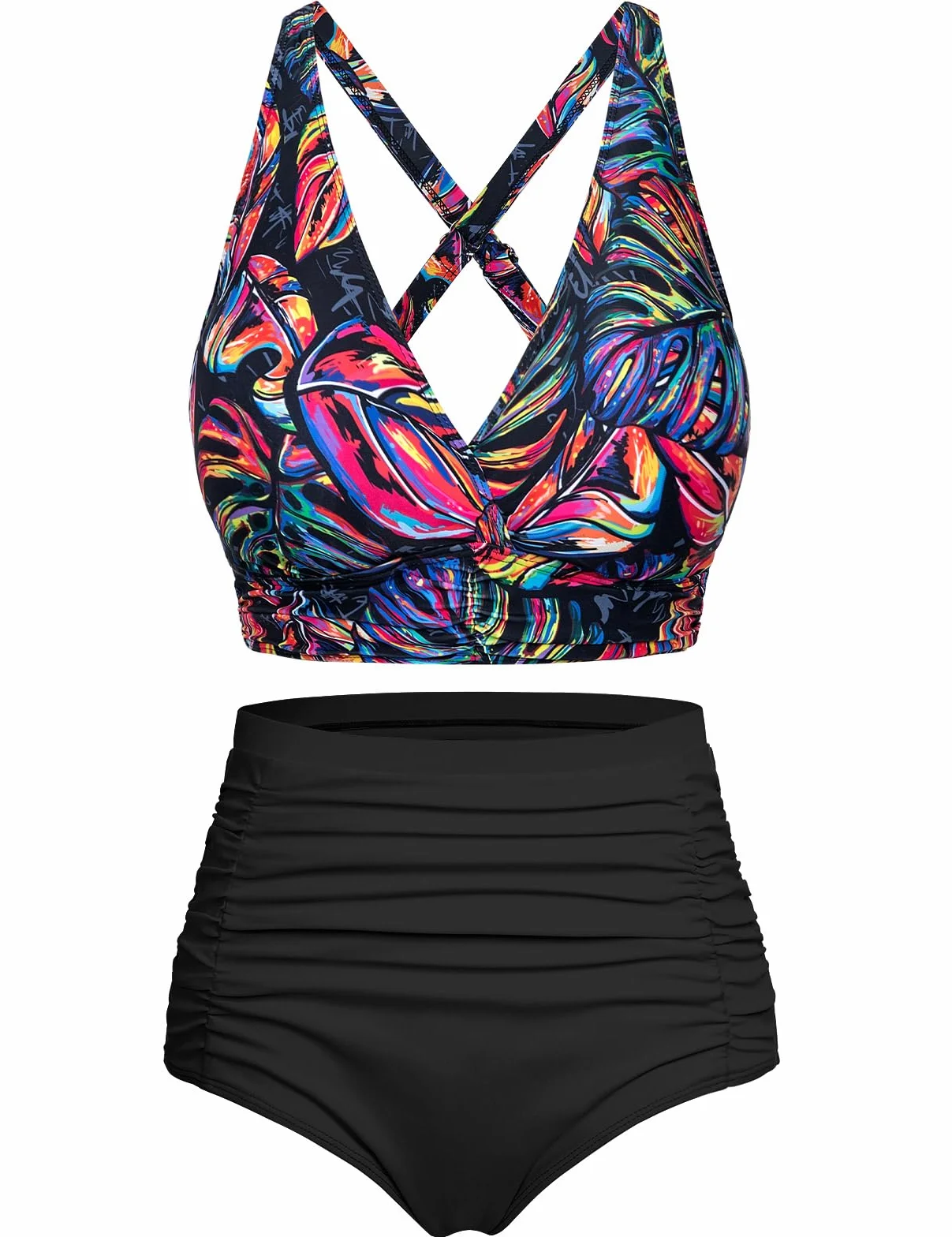 Voqeen Mujer Bikinis Reductor Barriga Cintura Alta Traje de Baño 2 Piezas Push Up con Relleno Conjuntos de Bikinis de Playa Bañadores de Natacion Cuello en V Bikini Top y Braga Ajustable
