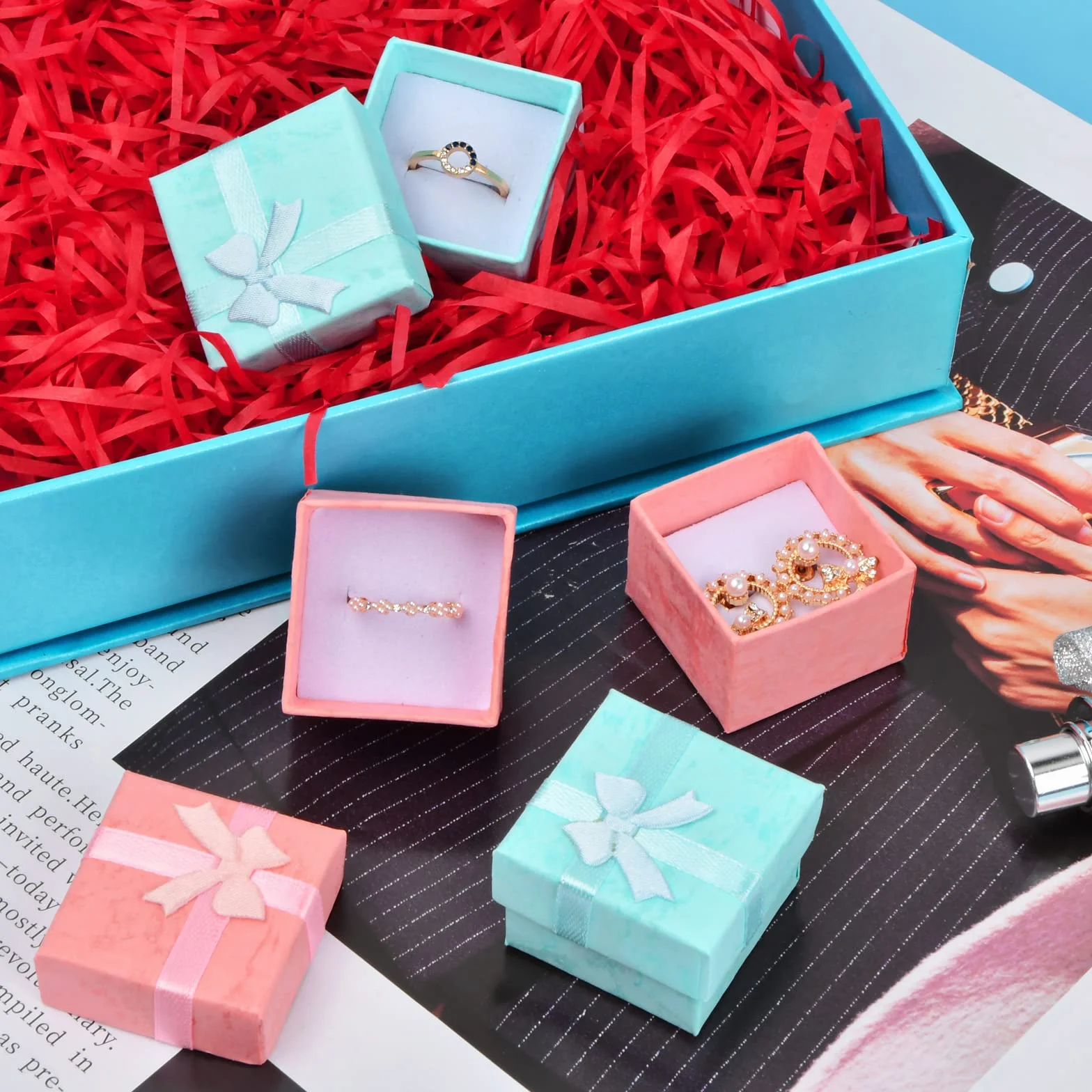 Caja de Regalo para Joyería 24 Piezas, Caja de Anillo, Cajas de Cartón Pequeñas 4x4x3cm Rosa